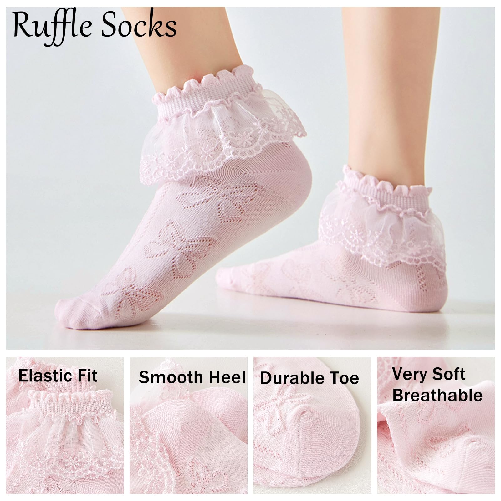 5 Pairs Girls Mesh Ruffle Lace Trim Cotton Ankle Socks - Princess Style Frilly Dress Socks for Toddler Girls - Perfect for Parties, School & Special Occasions