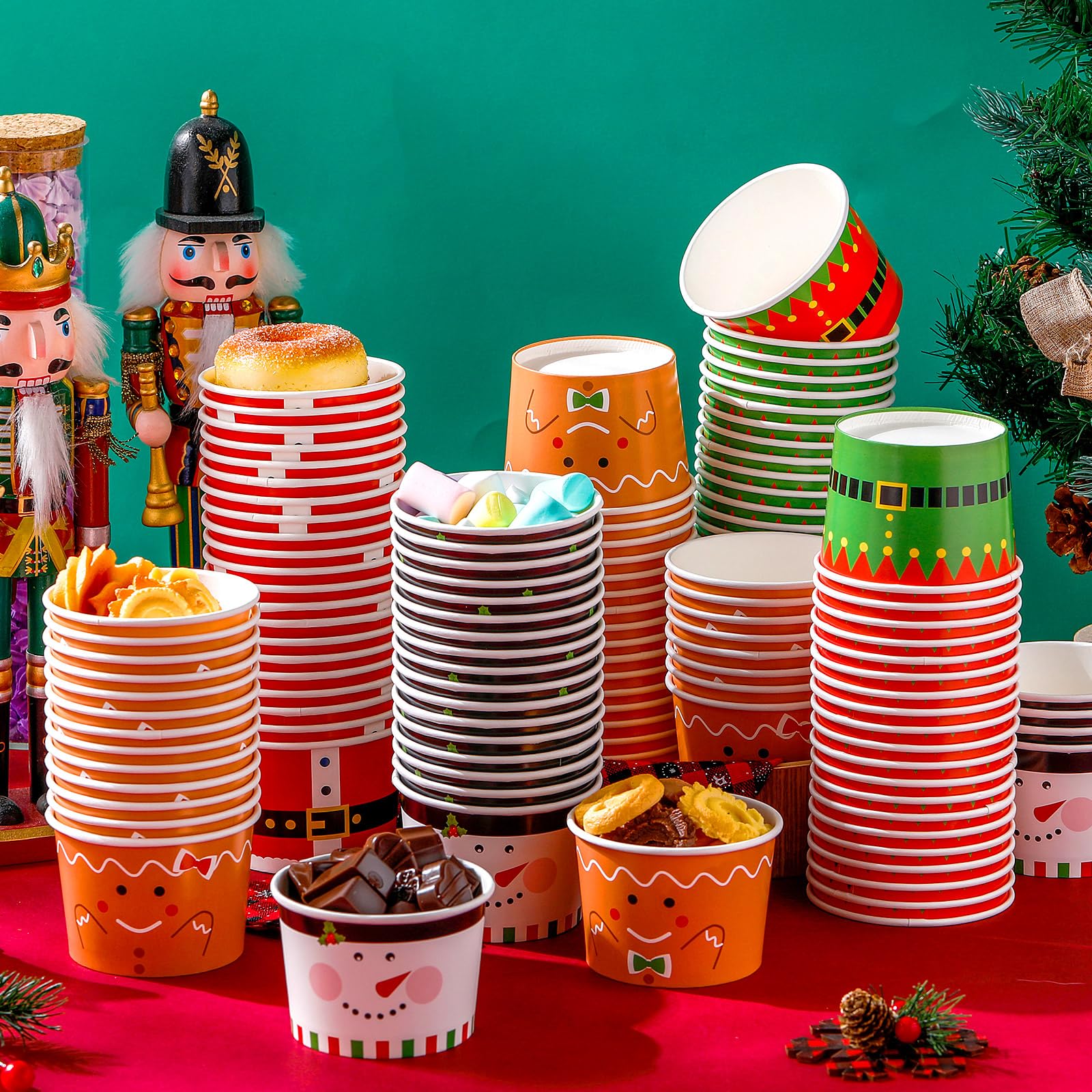 Zhehao 120-Pack 9oz Disposable Christmas Ice Cream Bowls | Paper Cups for Ice Cream, Soup, Snacks | Hot & Cold Food Containers | Picnic, Party, Holiday Decorations (6 Styles) - Perfect for Christmas Parties, Dessert Buffets & Family Gatherings