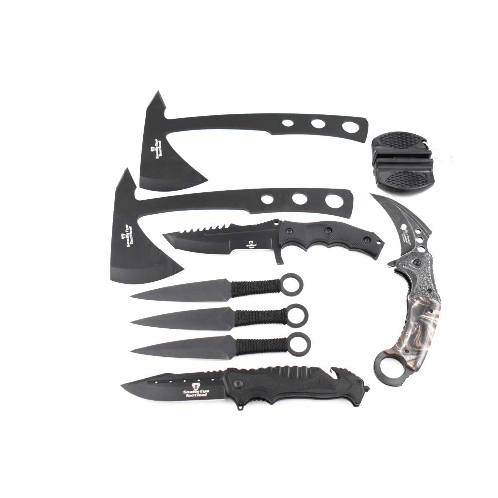 6-Piece Tactical Knife Set - Full Tang Fixed Blade, Spring Assisted Pocket Knife, Karambit, Tomahawk Throwing Axe & 3 Throwing Knives - Survival Gear & Outdoor Tools for Camping, Hunting & Self Defense (Black)