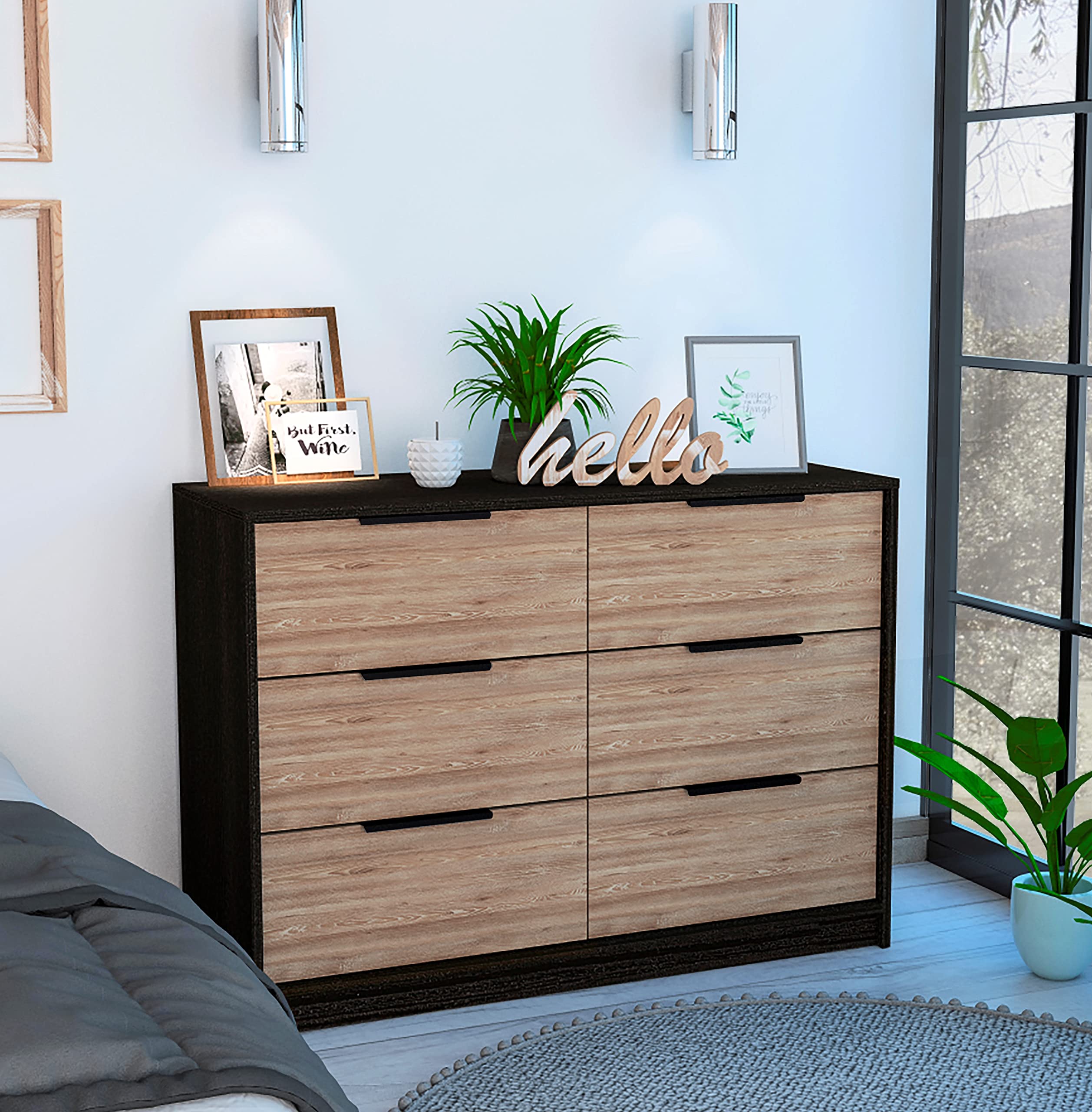 Tuhome Kaia 4-Drawer Double Dresser with 2 Storage Cabinets & Durable Metal Hardware - Pine Wood & Black Finish - Perfect for Bedroom, Nursery, or Closet Organization