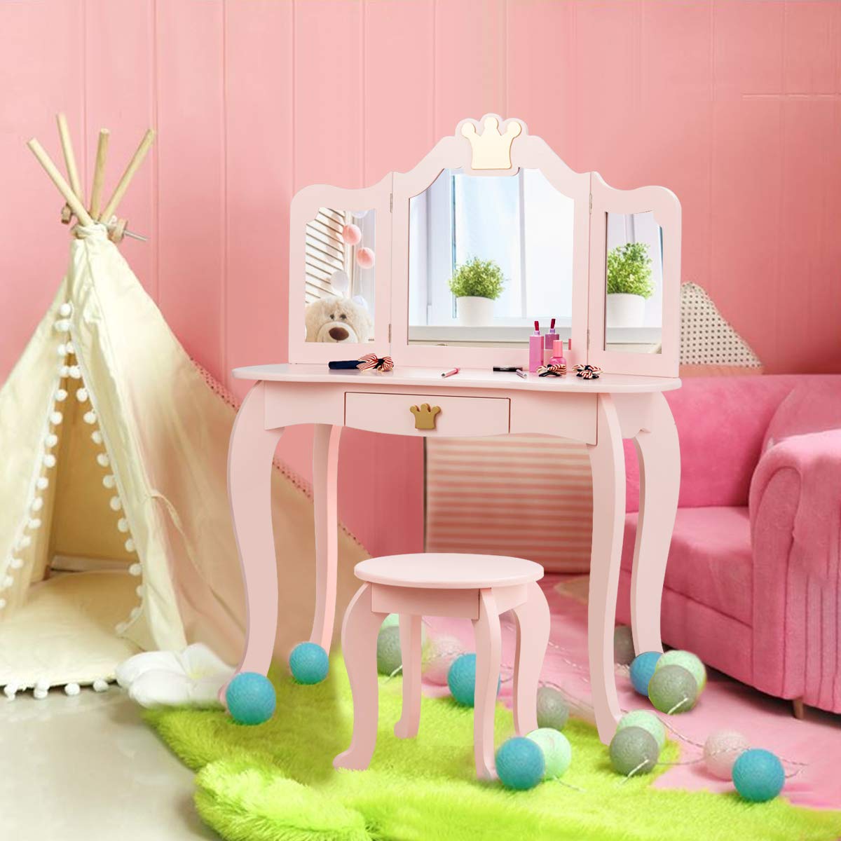 GLACER Pink Kids Vanity Table & Chair Set with Tri-Fold Mirror & Drawer - 2-in-1 Pretend Play Makeup Dressing Table for Toddler Girls - Detachable Top Beauty Desk for Bedroom & Playroom Decor