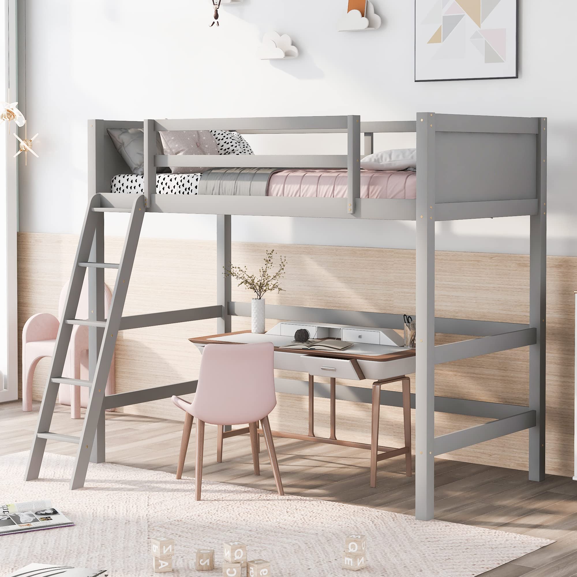 Harper & Bright Designs Twin Size Wooden Loft Bed with Ladder - Sturdy Bed Frame for Kids, Teens & Adults in Gray - Perfect for Small Spaces, Dorm Rooms & Kids' Bedrooms