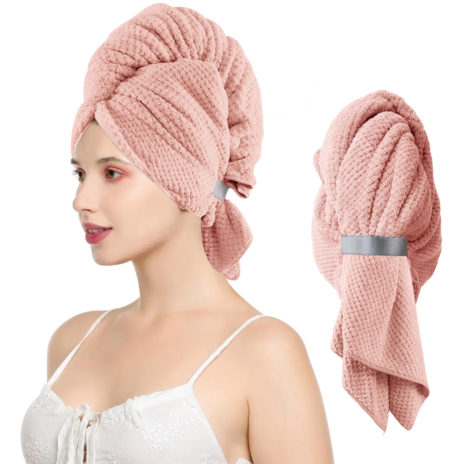 Extra Large Microfiber Hair Towel Wrap for Women - 40 x 26.3 Inches Super Absorbent Hair Drying Towel for Long Thick & Curly Hair - Soft Hair Turban with Elastic Band (Pink) | Perfect for Post-Shower, Salon & Travel Use