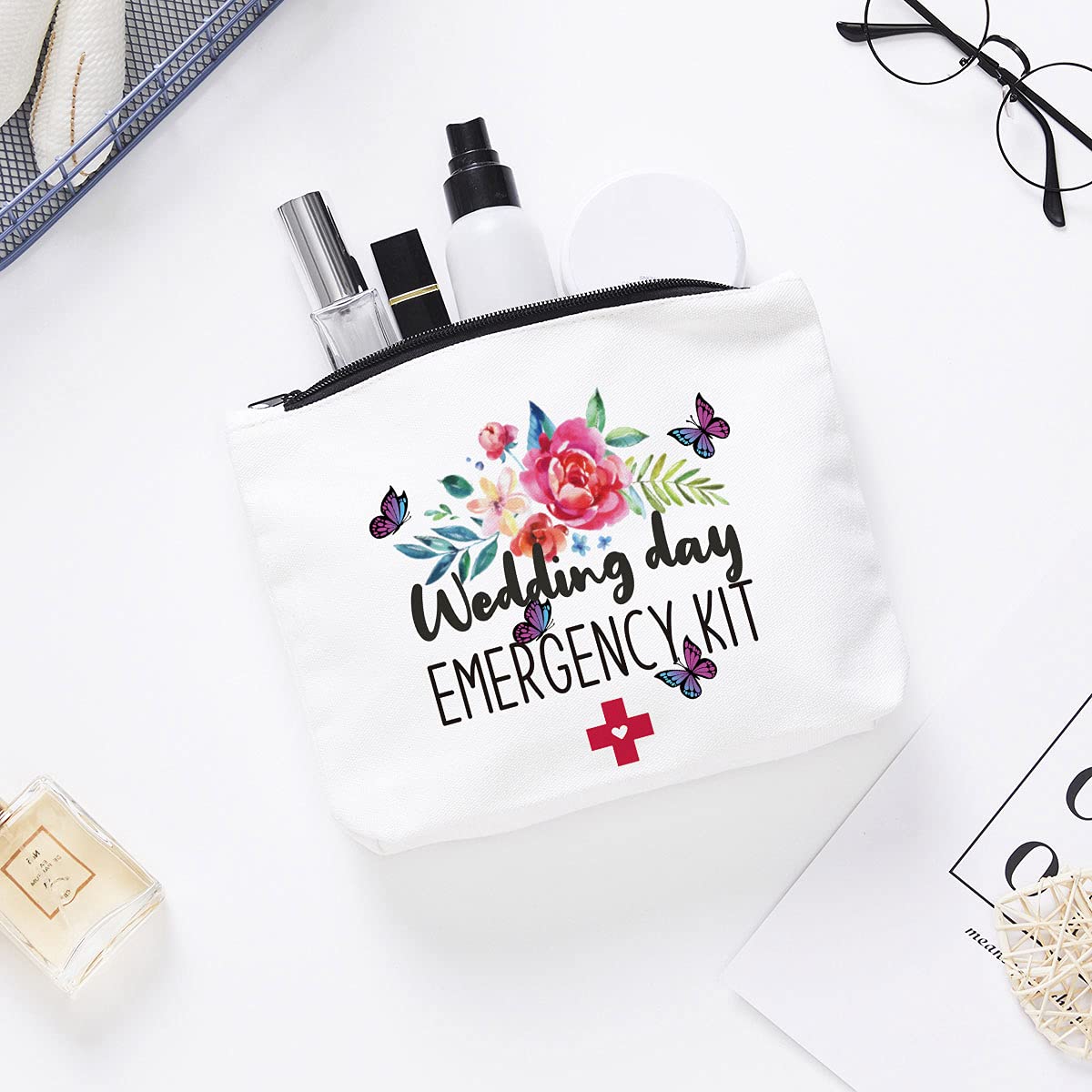 Fokongna Wedding Emergency Kit - Same Day Delivery Cosmetic Bag for Bride & Bridesmaids, Bridal Shower Gift, Bachelor Party Toiletries Travel Pouch - Perfect for Wedding Day Prep, Honeymoon & Travel Essentials