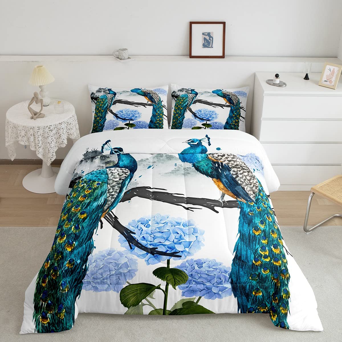 Peacock Bedding Set Full - Blue Floral Comforter Set with Feather Down, Retro Chinese Style Quilt, Chic Bird Duvet Cover for Bedroom Decor | Soft White Luxury Bedding for Master Bedroom & Guest Room