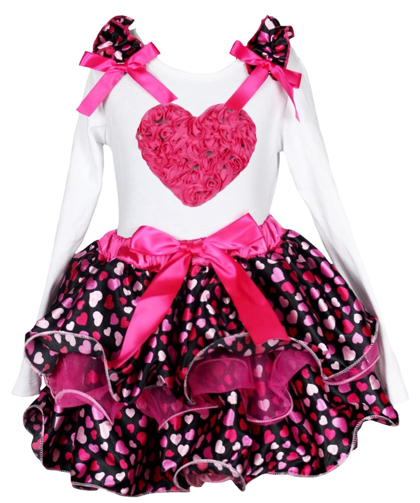 Valentine's Day Floral Heart Long Sleeve Shirt & Hot Pink Petal Skirt Set for Girls 1-8 Years - Perfect for Valentine's Day Parties, Photo Shoots & Special Occasions