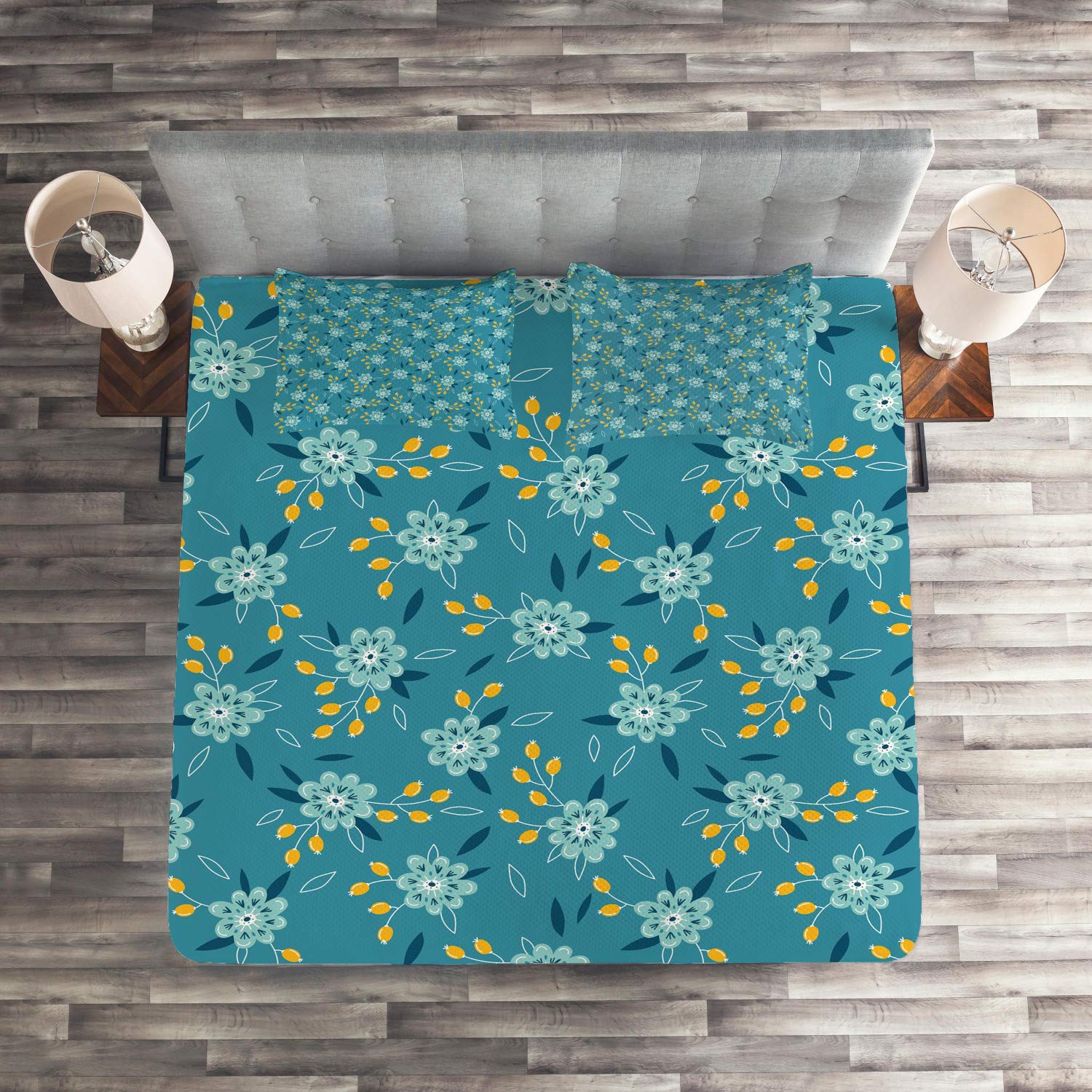 Ambesonne 3-Piece King Size Quilted Bedspread Set with 2 Pillow Shams - Spring Floral Design with Blooming Flowers & Retro Leaves in Teal & Earth Yellow | Perfect for Master Bedroom, Guest Room & Farmhouse Decor