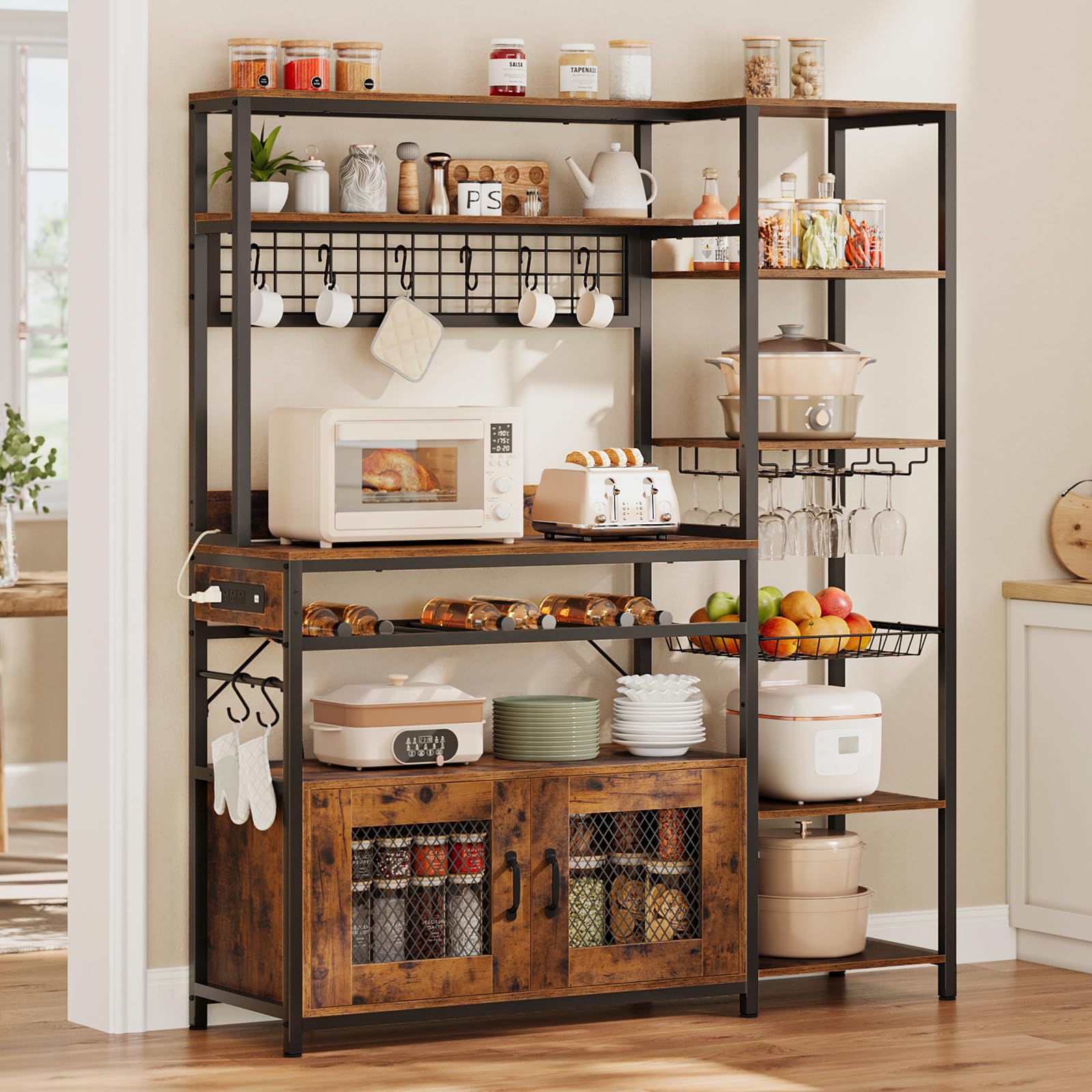 Rustic Brown Bakers Rack with Power Outlet - 47.2 Inch Microwave Stand with Storage Shelves, Coffee Bar Cabinet, Kitchen Pantry Hutch - Includes Side Hooks, Wine Rack & Goblet Holder - Perfect for Kitchen Organization, Coffee Station or Dining Room Storage (Medium Size)