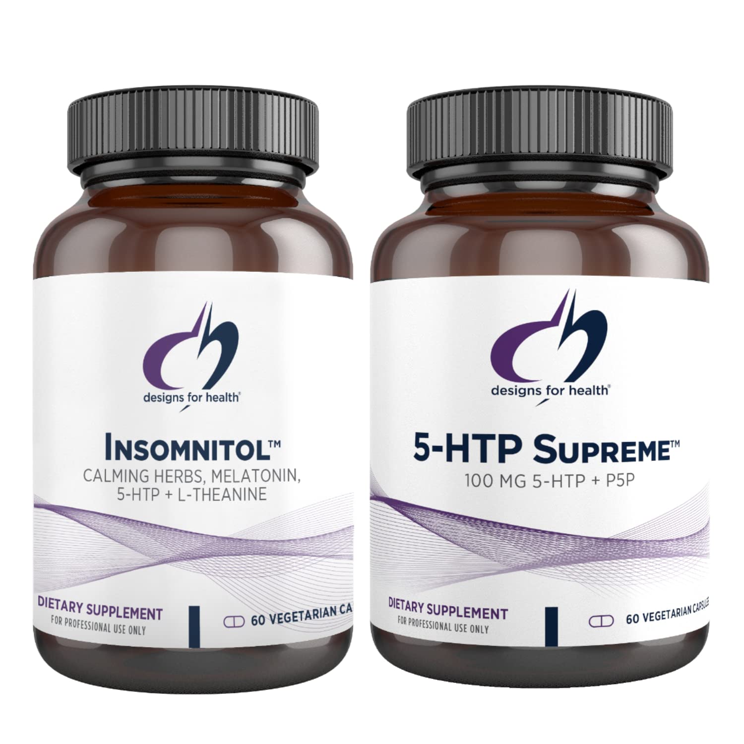 Designs for Health 5-HTP + Insomnitol Duo - Natural Sleep Aid & Mood Support Supplement with Valerian Root, Melatonin & L-Theanine (2 Bottle Set) for Stress Relief & Better Sleep - Perfect for Nighttime Relaxation & Anxiety Relief