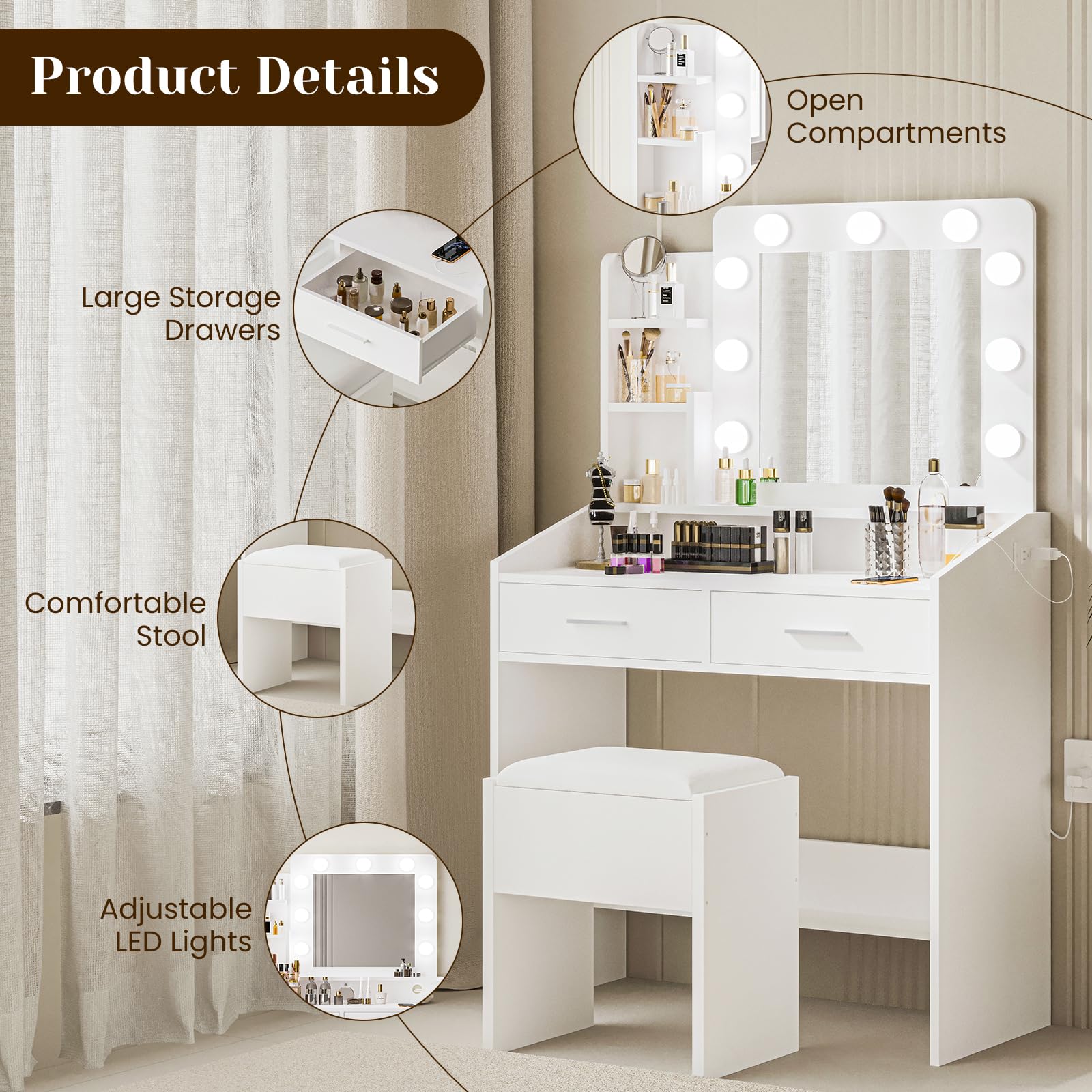 Vanity Desk with Mirror and Lights - Adjustable Brightness Makeup Vanity Set with Power Outlet, Cushioned Stool & 3 Lighting Modes, White Dressing Table with Hairdryer Holder for Bedroom, Bathroom & Salon Use