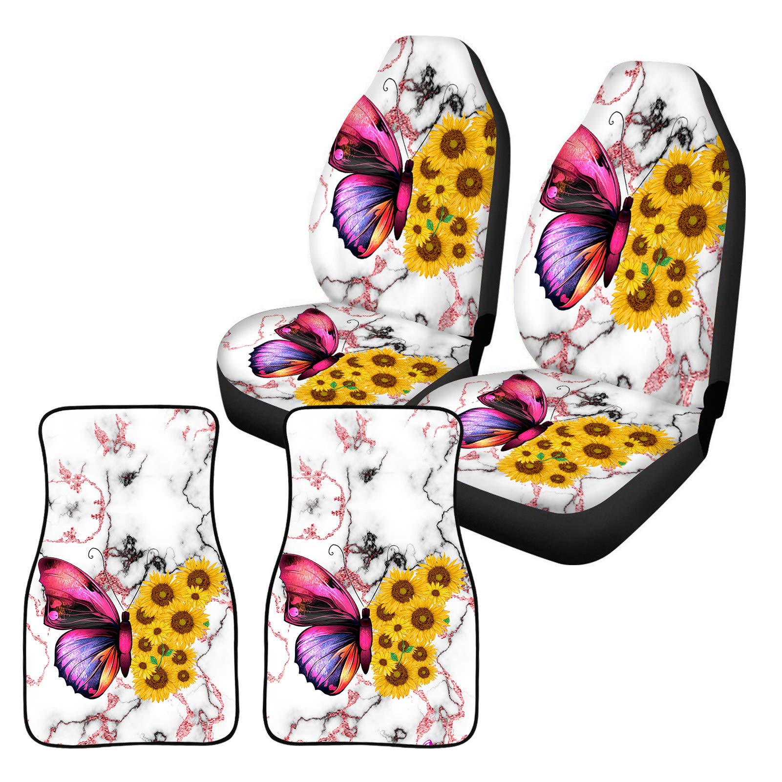 Coloranimal 4-Piece Sunflower Butterfly Car Interior Set - Universal Fit Seat Covers & Rubber Floor Mats for Stylish Car Decoration and Protection