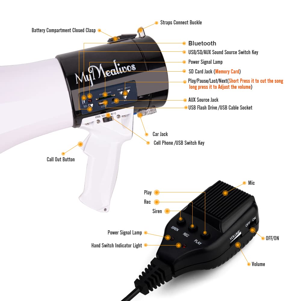 MyMealivos 50W Bluetooth Megaphone with Siren & Detachable Mic - Portable Bullhorn Speaker with AUX Input, Lightweight Strap - Perfect for Outdoor Events, Sports Games & Emergency Announcements