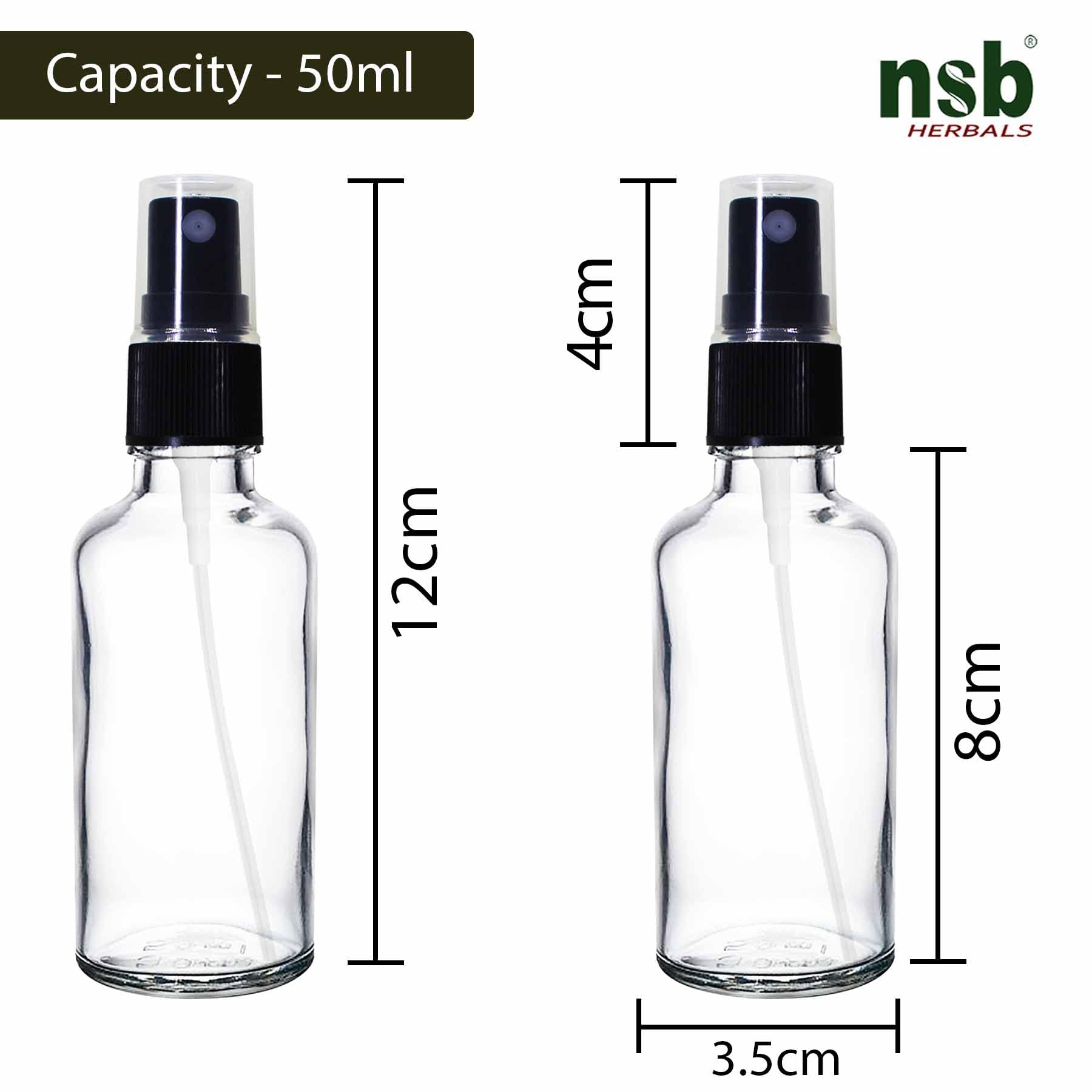 NSB Herbals 50ml Refillable Clear Glass Fine Mist Spray Bottles with Pump - Perfect for DIY Perfume, Essential Oils, Aromatherapy Blends, Floral Waters & Beauty Products (3-Pack) | Great for Home, Travel & Salon Use