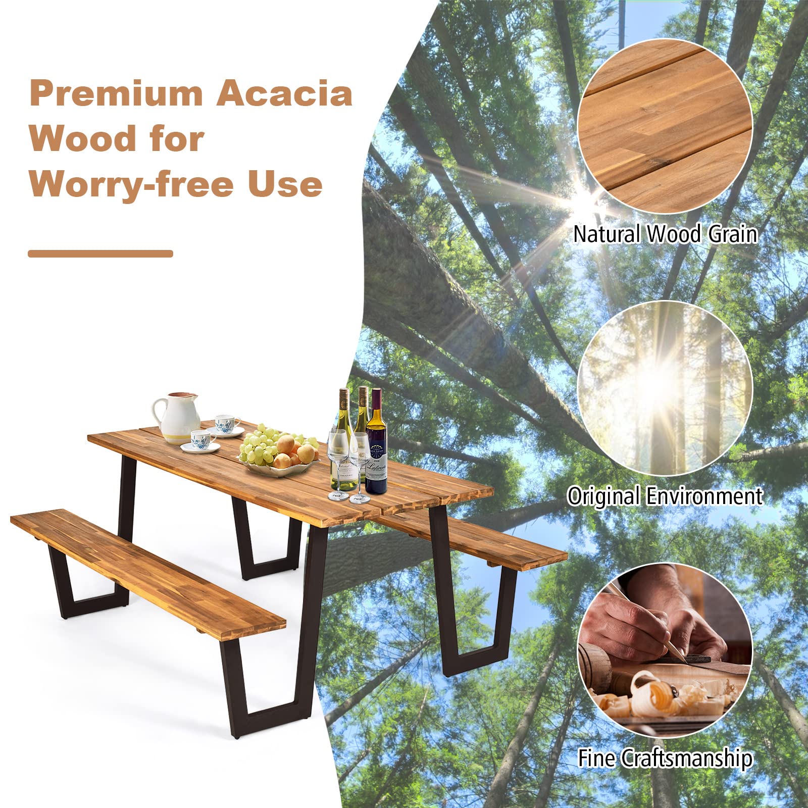 Giantex 6ft Acacia Wood Outdoor Picnic Table Bench Set with 2’’ Umbrella Hole & Metal Frame - Heavy Duty Patented Wooden Dining Table for Backyard, Garden, Patio, Camping (Natural & Black) | Perfect for Family Gatherings, BBQs, and Outdoor Entertaining