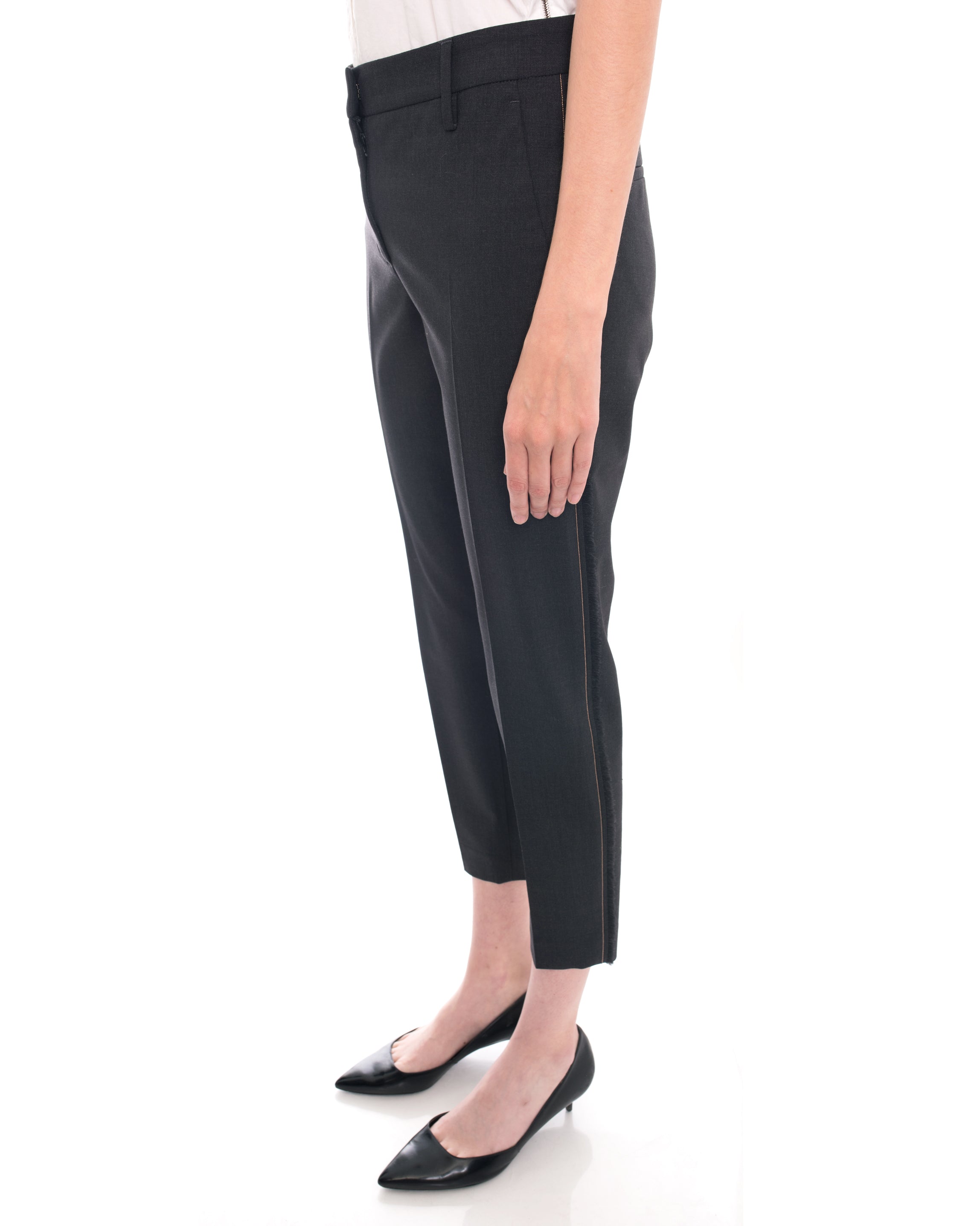 Brunello Cucinelli Charcoal Grey Beaded Fringe Trim Trousers - Elegant Casual Pants for Office & Evening Events