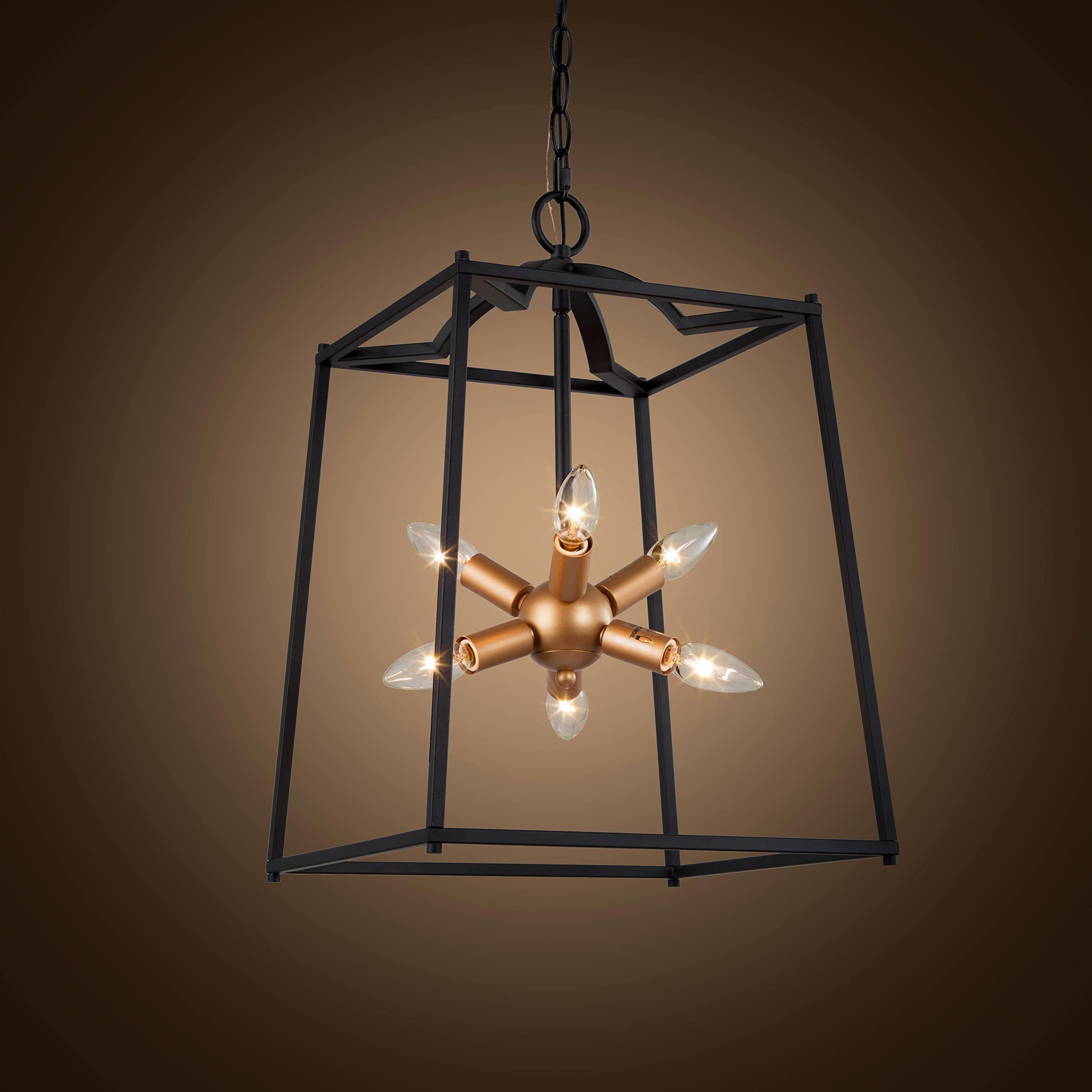 Uolfin Modern 6-Light Chandelier - Black & Gold Lantern Pendant Light Fixture for Dining Room, Bedroom, Kitchen | Cage Hanging Foyer Lighting for Hallway, Entrance & Living Room | Elegant Home Decor & Ceiling Lighting Solution