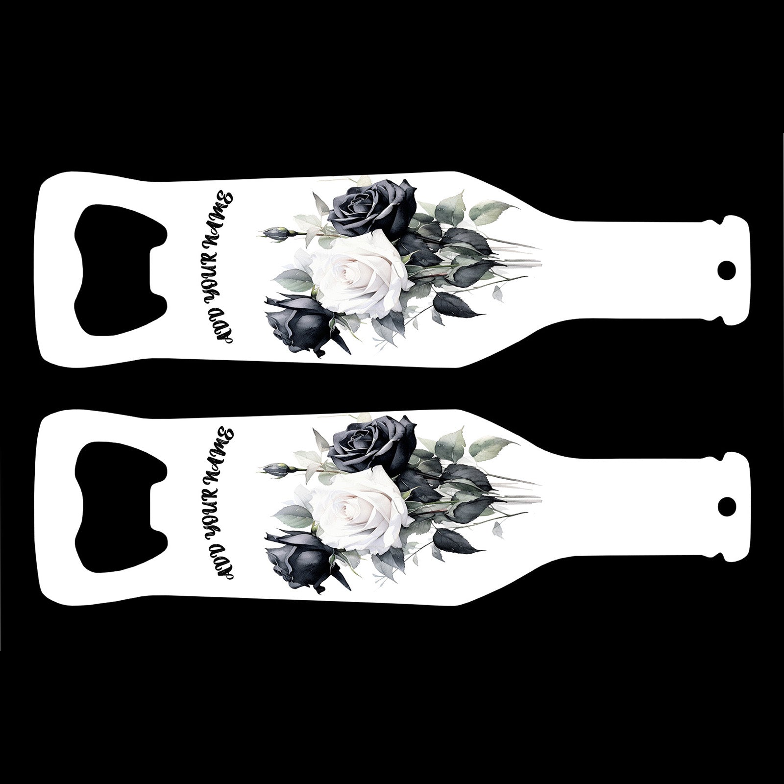 Personalized Bottle Shaped Bottle Opener - Custom Name Engraved - Black Rose Design - Perfect for Weddings, Parties & Gifts
