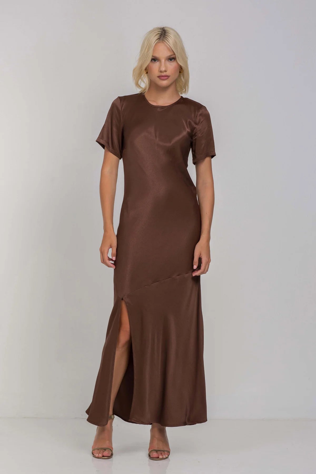 Elegant SS Satin Maxi Dress for Women | Romantic Chocolate Brown Long Dress | Perfect for Date Nights, Weddings & Special Occasions