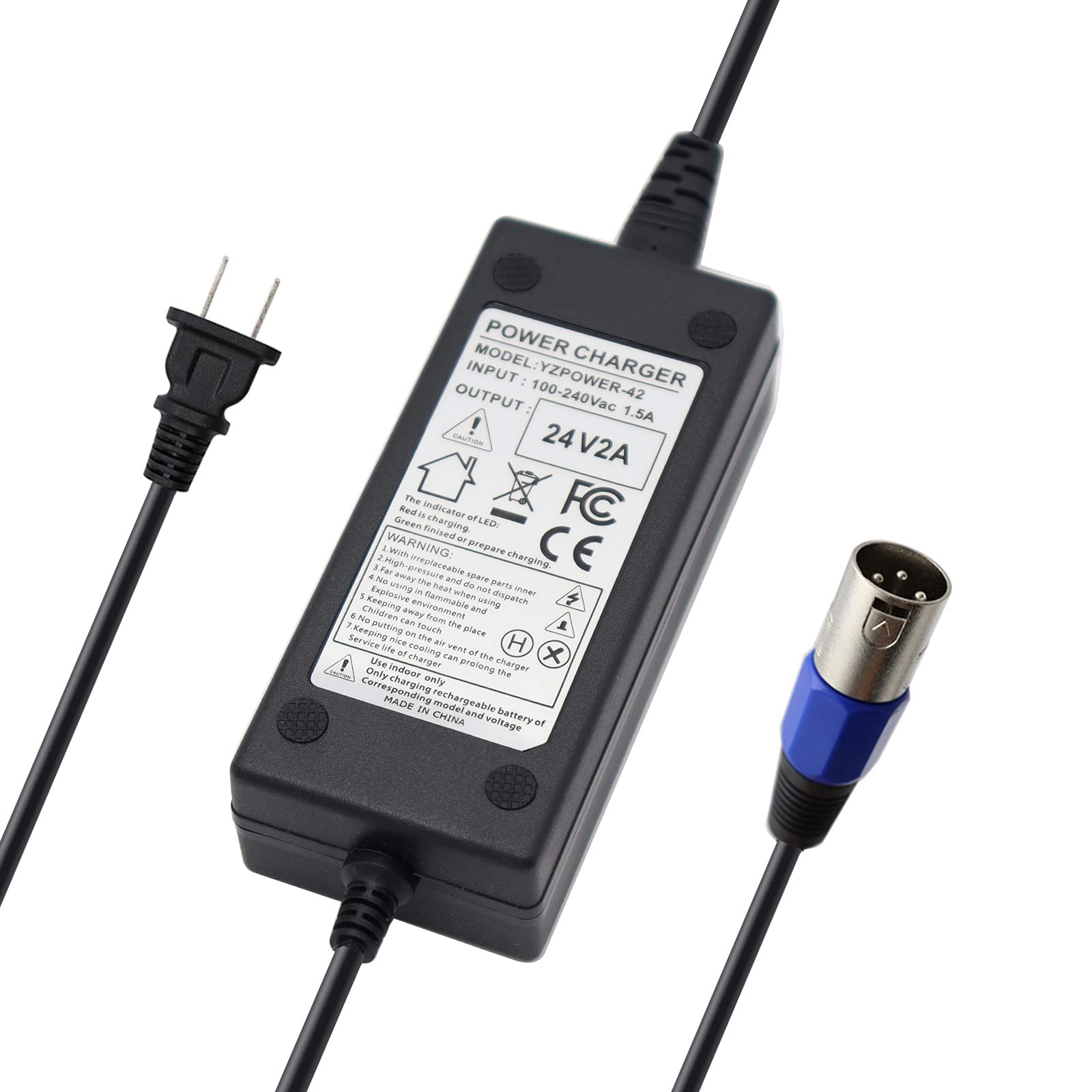 24V 2A Power Adapter Charger with XLR Male 3 Pin Connector - Fast Charging for 24V Batteries - Perfect for CCTV Cameras, LED Lights & Security Systems