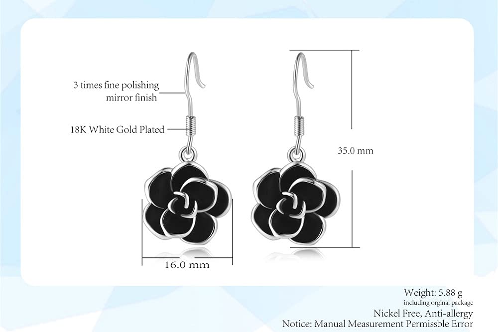 18K Rose Gold Plated Black Rose Flower Hook Earrings for Women - Elegant Dangle Earrings for Party, Wedding & Evening Occasions