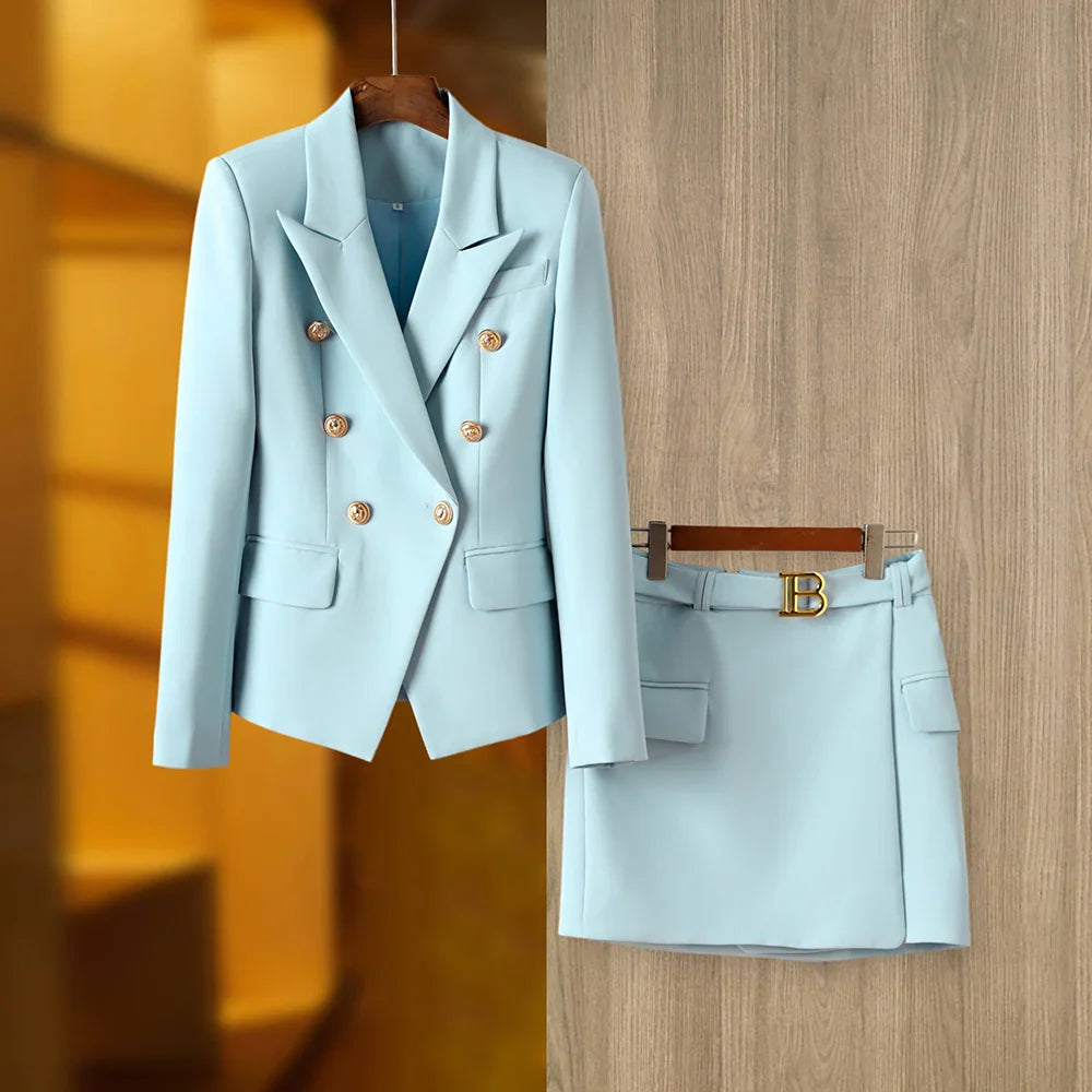 HarleyFashion Women's 2-Piece Blazer Suit Set - Solid Color Summer Blue Skirt Twin Sets, Mini Streetwear Outfit for Ladies | Office Wear, Casual Date Night, Business Attire