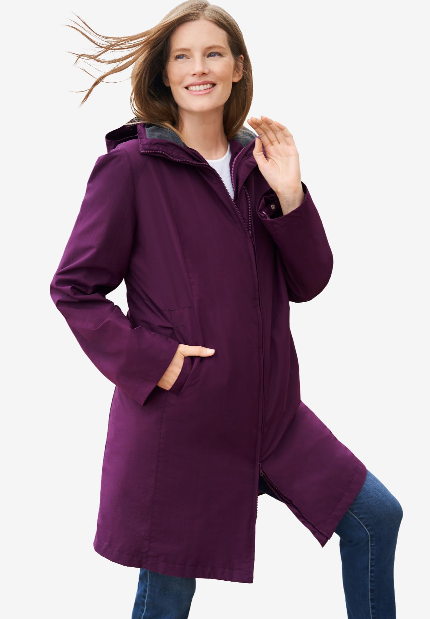 Woman Within Women's Plus Size 3-in-1 Hooded Taslon Jacket - Waterproof Windbreaker for Outdoor Hiking & Casual Wear