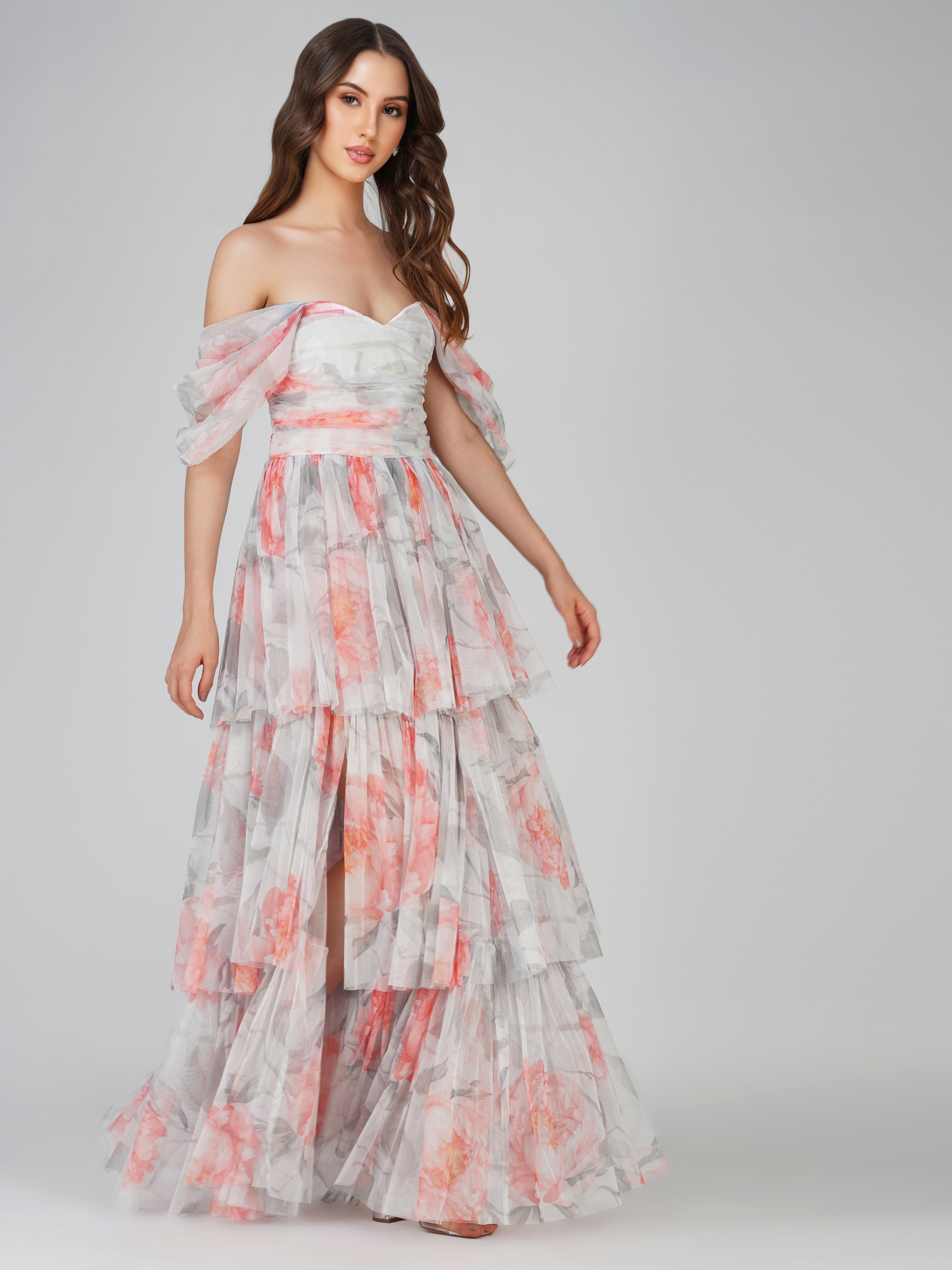 Peach Floral Sydney Tulle Maxi Dress - Elegant Long Formal Gown for Weddings, Prom, Evening Parties & Special Occasions