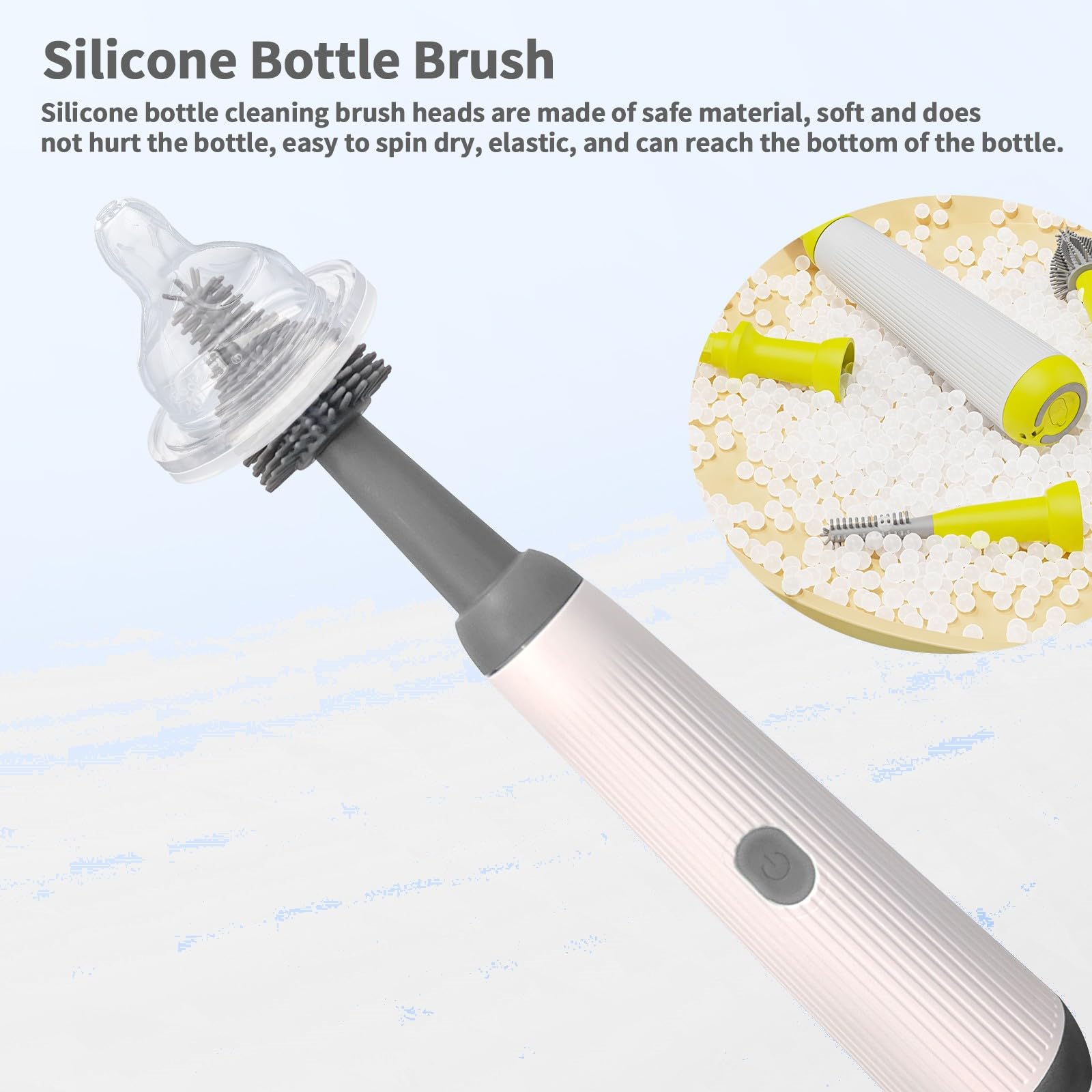 Electric Bottle Brush Set - 3 Replaceable Silicone Baby Bottle Brushes with Extension Handle | Waterproof & Durable | Perfect for Baby Bottles, Sippy Cups & Water Bottles | Essential Cleaning Tool for Nurseries & Kitchens (Grey)