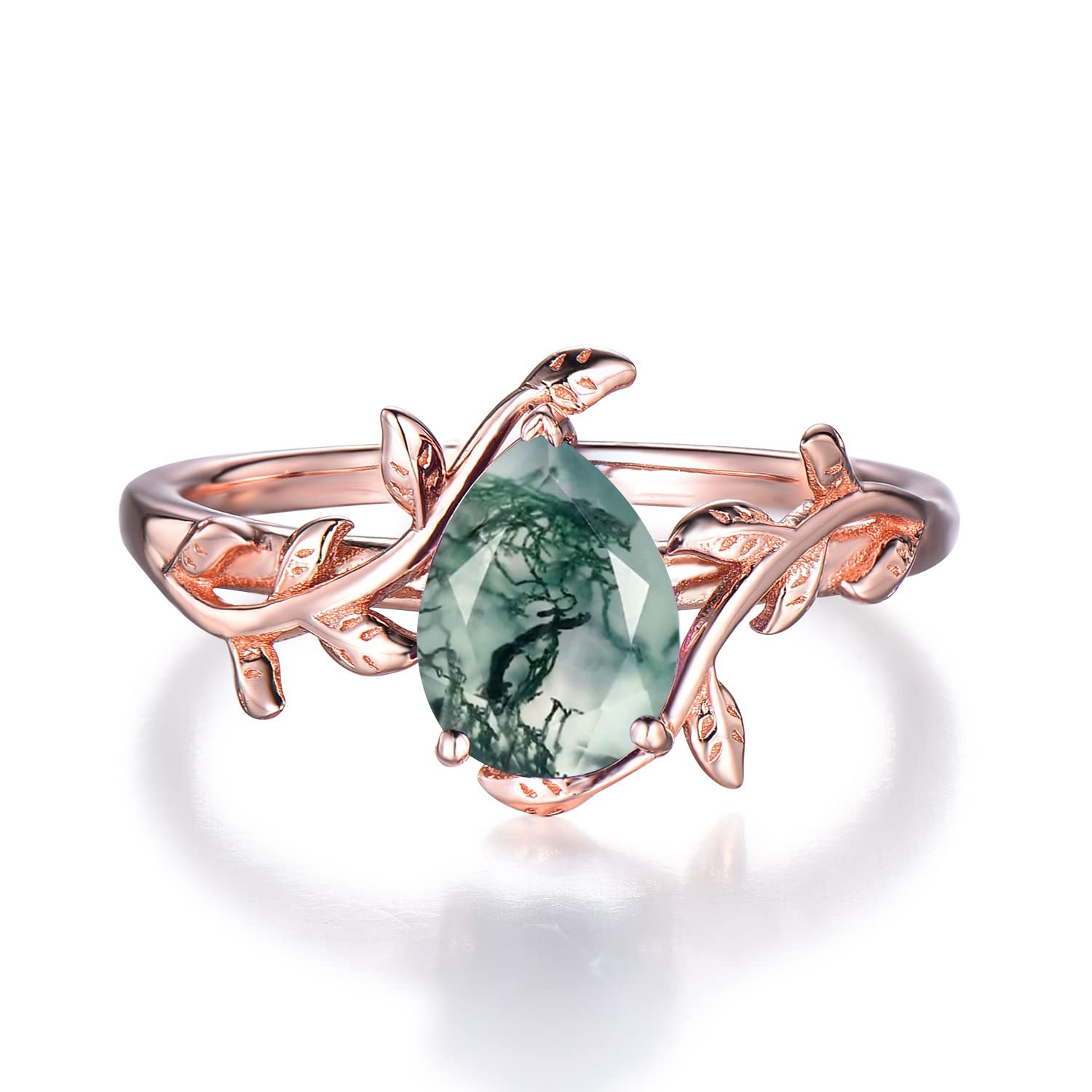 Natural Green Moss Agate Pear Shape Engagement Ring - Vintage Crystal Solitaire Leaf Ring with Healing Gemstone, Unique Promise Ring for Women - Perfect for Weddings, Anniversaries & Spiritual Healing Jewelry