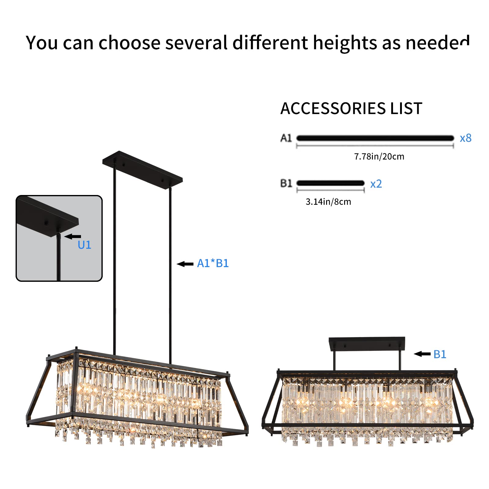 LMQNINE 4-Light Industrial Farmhouse Chandelier - 35.43 Inch Black Trapezoidal Crystal Pendant Light Fixture for Dining Room, Kitchen Island & Living Room | Rustic Elegance for Home Decor & Dinner Parties