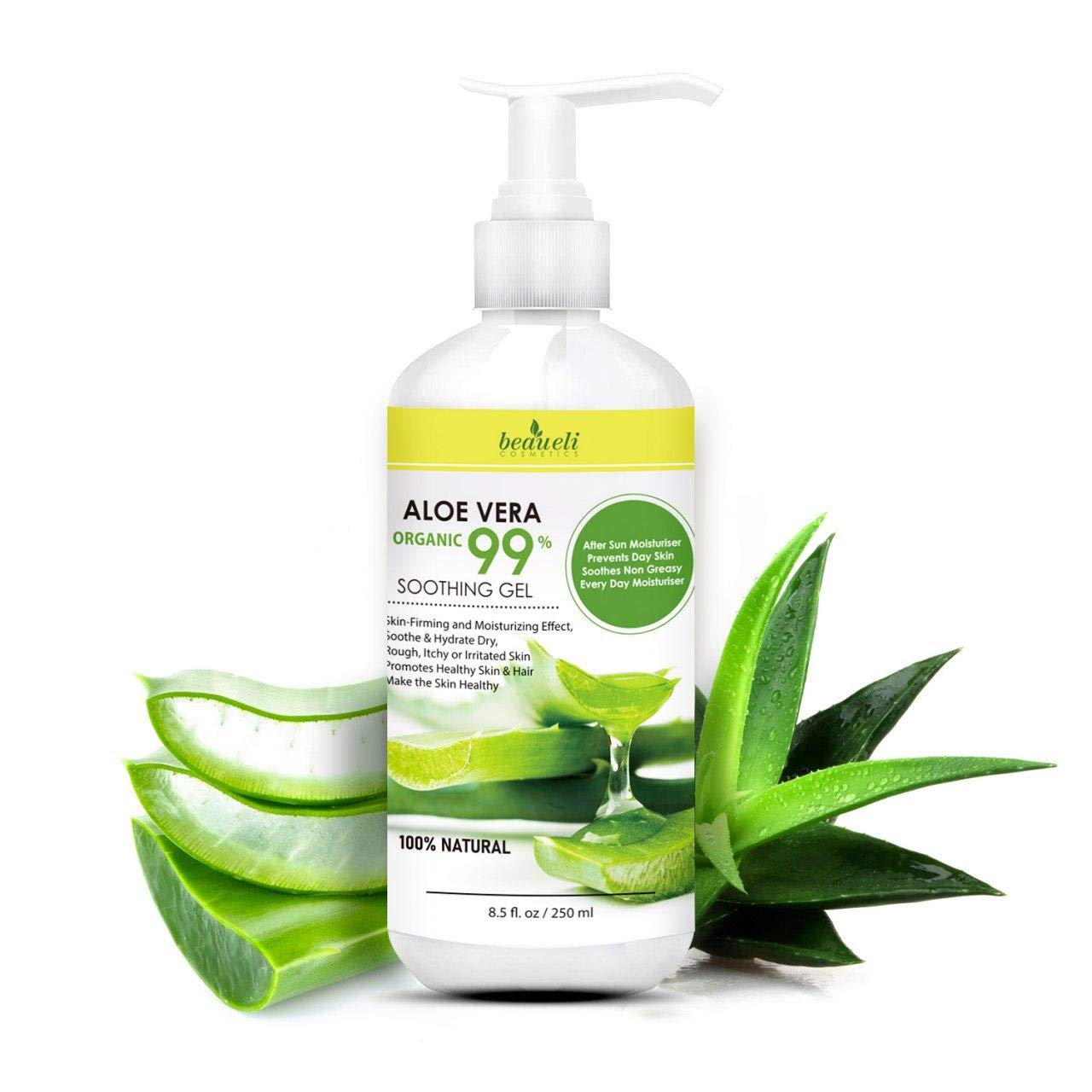Beaueli 100% Pure Aloe Vera Gel for Face, Body & Hair - Natural Moisturizer for Dry, Sensitive Skin, After Sun Care, Psoriasis & Acne Relief - Soothing Hand Gel & Daily Skin Hydration - Perfect for Sunburn Recovery, Skincare Routine & Hair Treatment