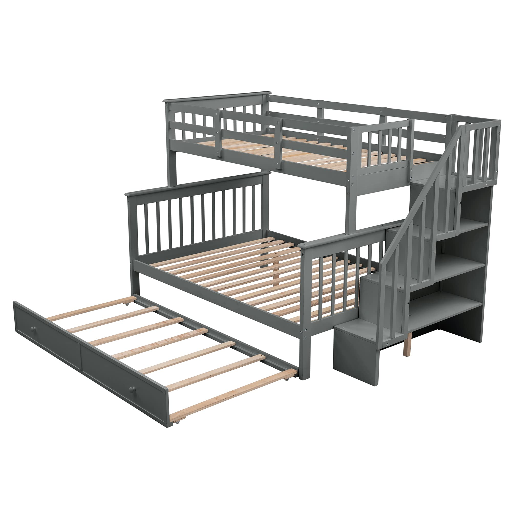 KLMM Twin-Over-Full Bunk Bed with Trundle - Solid Wood Stairway Bunk Bed with 4 Storage Shelves & Safety Guard Rail - Space Saving Bedroom Furniture for Kids, Teens & Adults (Gray/Wood-2) - Perfect for Small Bedrooms, Dorm Rooms & Guest Rooms