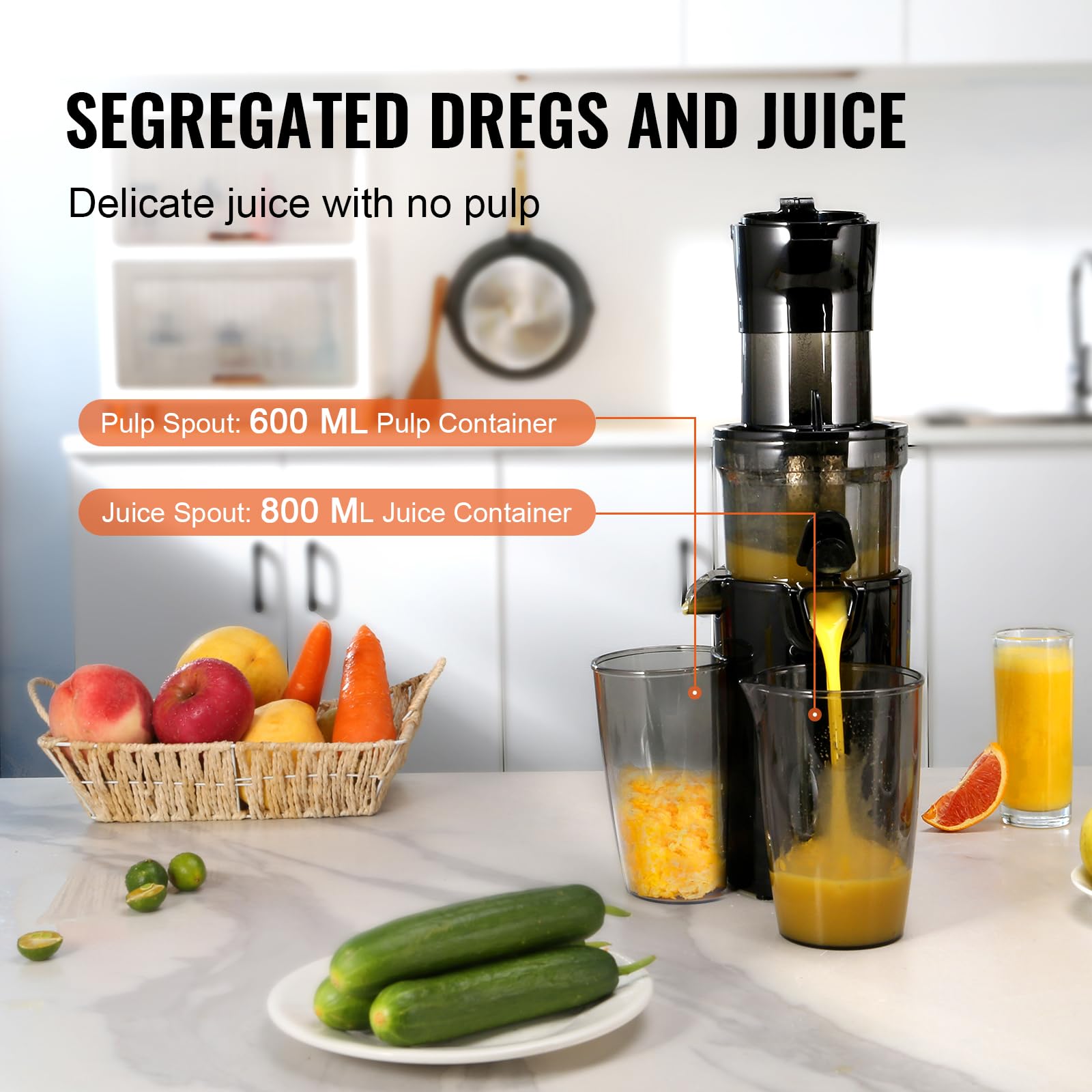 VEVOR Slow Masticating Juicer - Cold Press Juicer Machine with High Juice Yield, Easy to Clean with Brush - Perfect for Fruits, Vegetables, Wheatgrass & Healthy Juicing at Home, Gym or Office