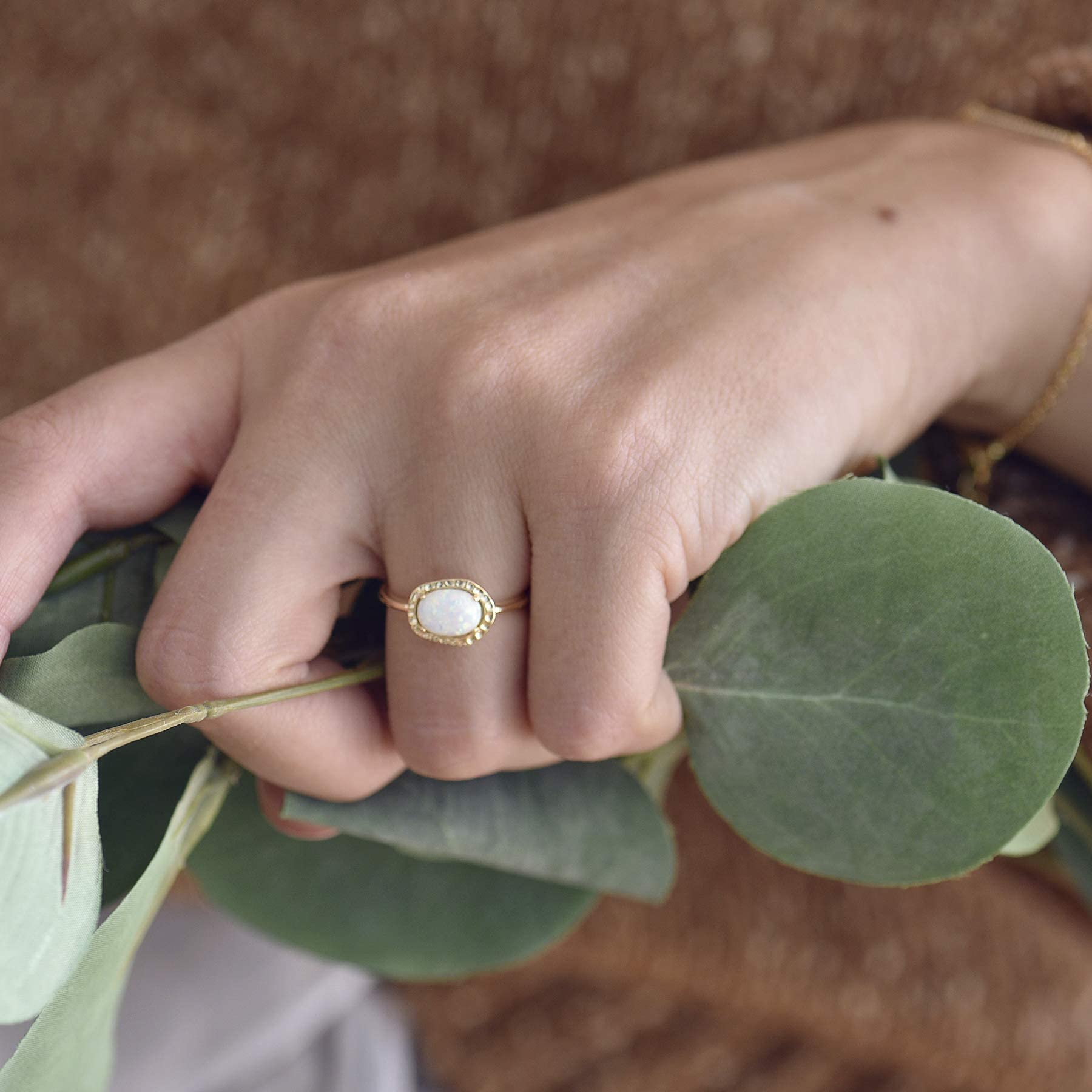 BLOSSOM & HUE White Opal Ring – Hypoallergenic 18K Gold Plated .925 Sterling Silver | Dainty October Birthstone Jewelry | Handmade Solitaire Gemstone Ring for Women | Perfect for Everyday Wear, Gift Giving & Special Occasions