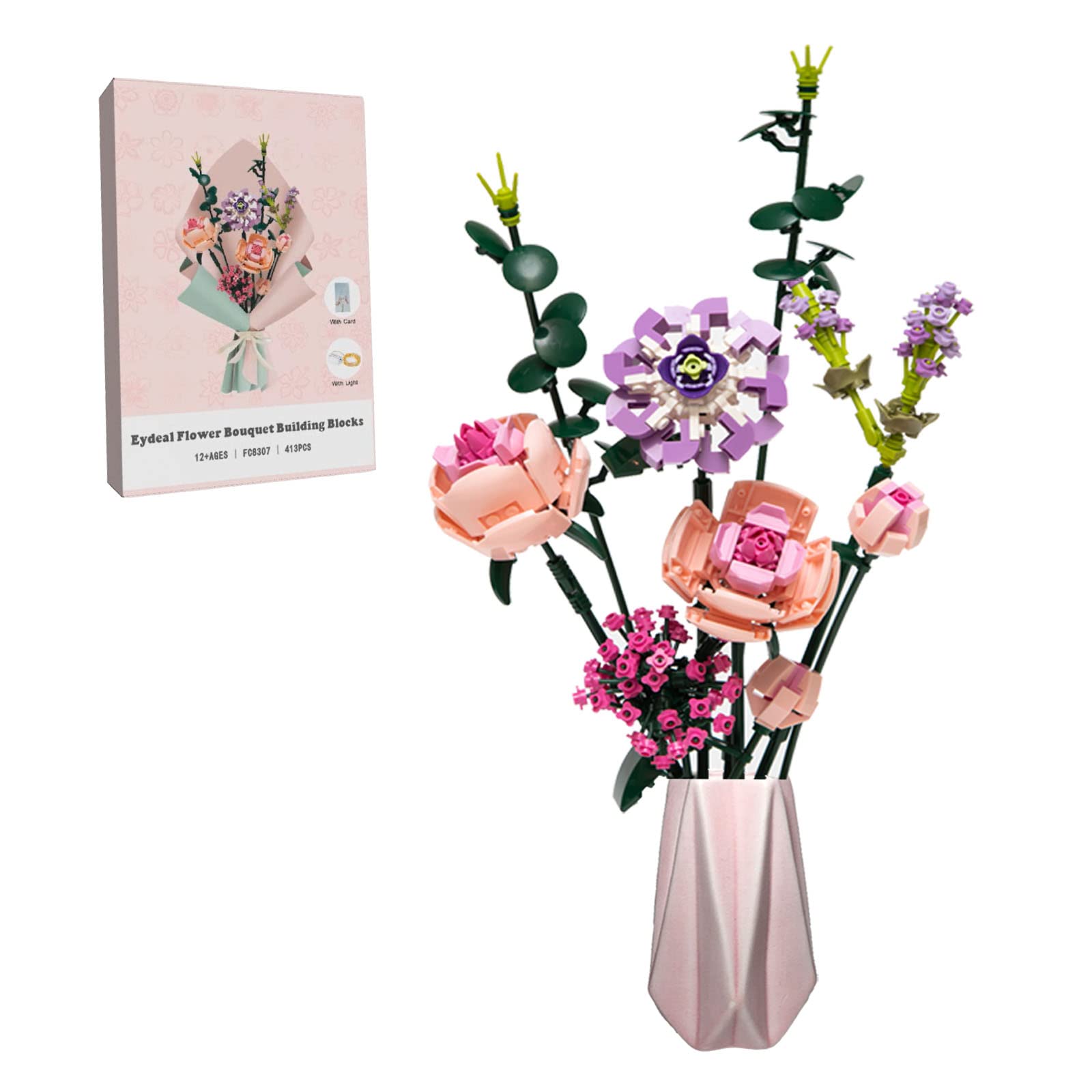 Eydeal Flower Bouquet Building Set - 413pcs Pink Rose Botanical Collection Blocks with Vase, Compatible with Lego Technic | Creative DIY Toy for Adults & Kids | Perfect for Home Office Decor, Birthday Gifts & Relaxing STEM Activities