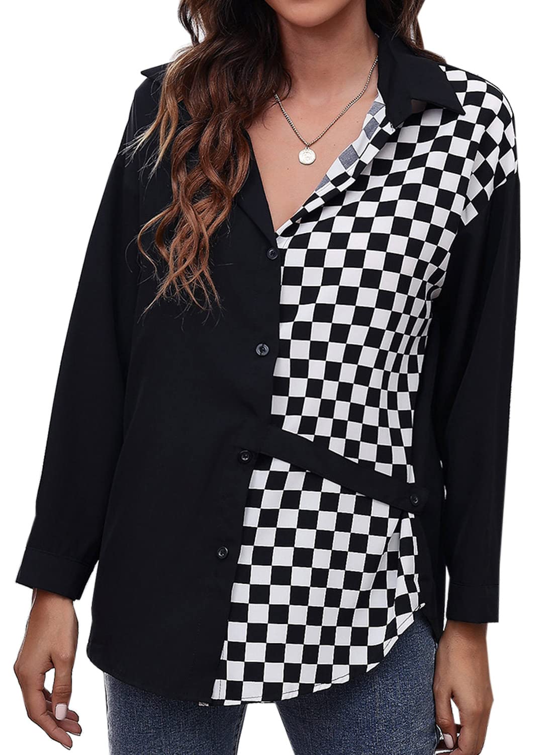 Futurino Women's Long Sleeve Button Down Shirt - Trendy Point Collar Chess Print Blouse with V-Neck for Casual Wear | Office, Date Night & Everyday Outfits