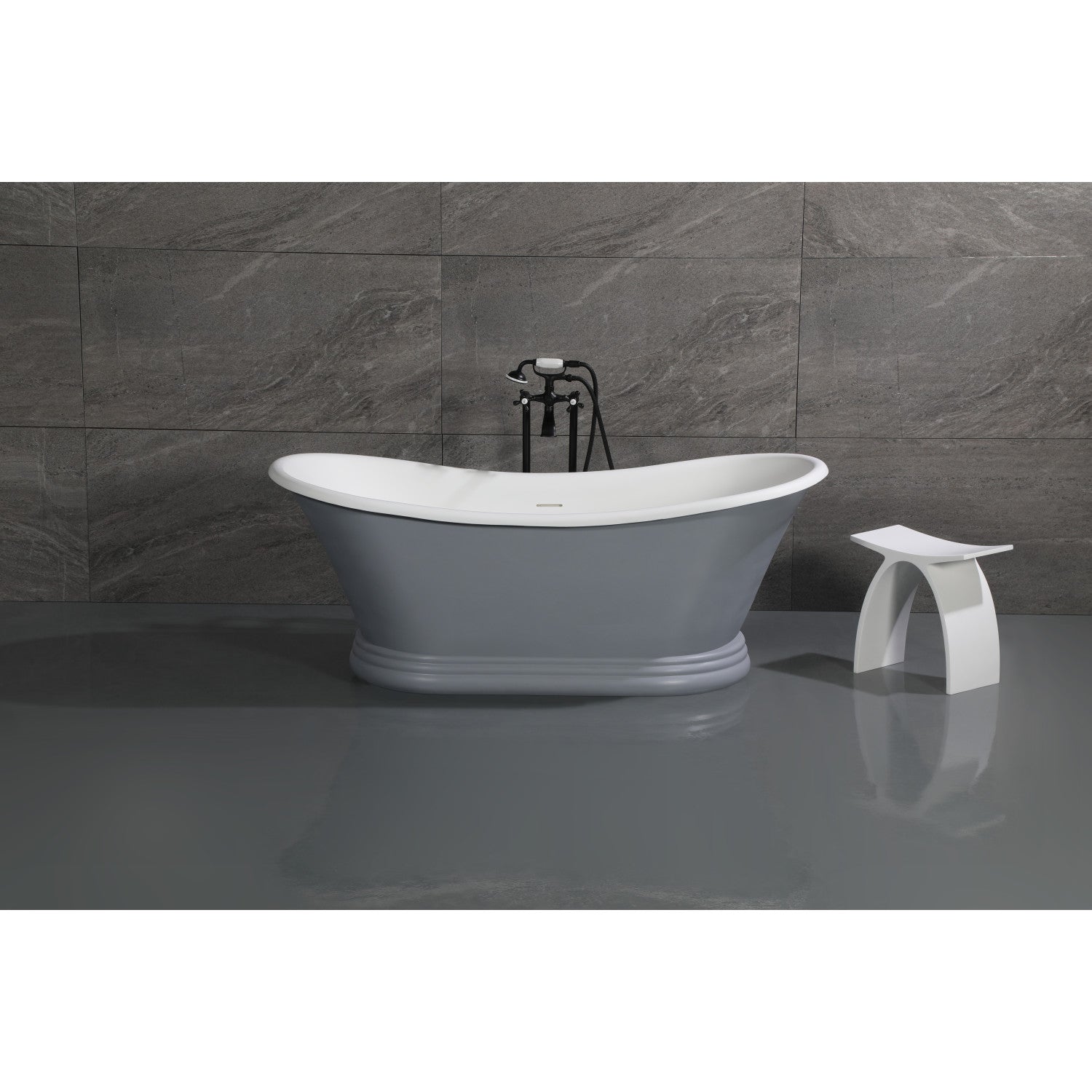 Arcticstone 67 Inch Oval Double Slipper Pedestal Bathtub - Glossy White/Matte Gray Solid Surface Freestanding Tub with Drain (No Faucet Holes) | Perfect for Luxury Bathrooms, Spa Retreats & Modern Home Decor