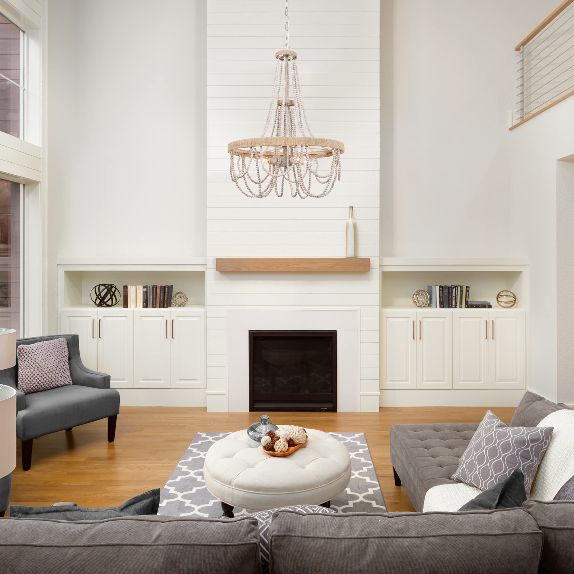 Rustic Farmhouse Wood Beaded Chandelier - 4-Light Boho Ceiling Pendant Light with Natural Hemp Ropes for Dining Room, Living Room & Bedroom Decor | Perfect for Boho, Farmhouse & Coastal Style Homes