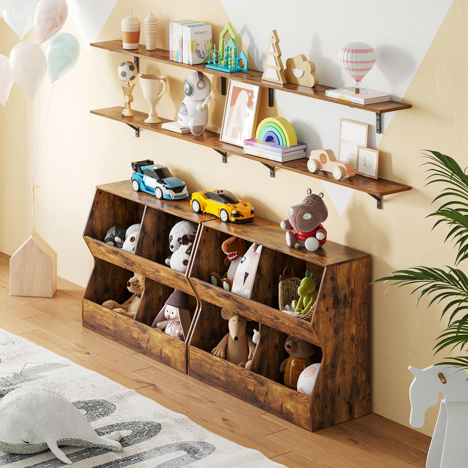 DINZI LVJ Wooden Kids Bookshelf & Toy Storage Organizer - 4 Cubby Children's Bookcase with Toy Storage Cabinet - Rustic Brown 35.4