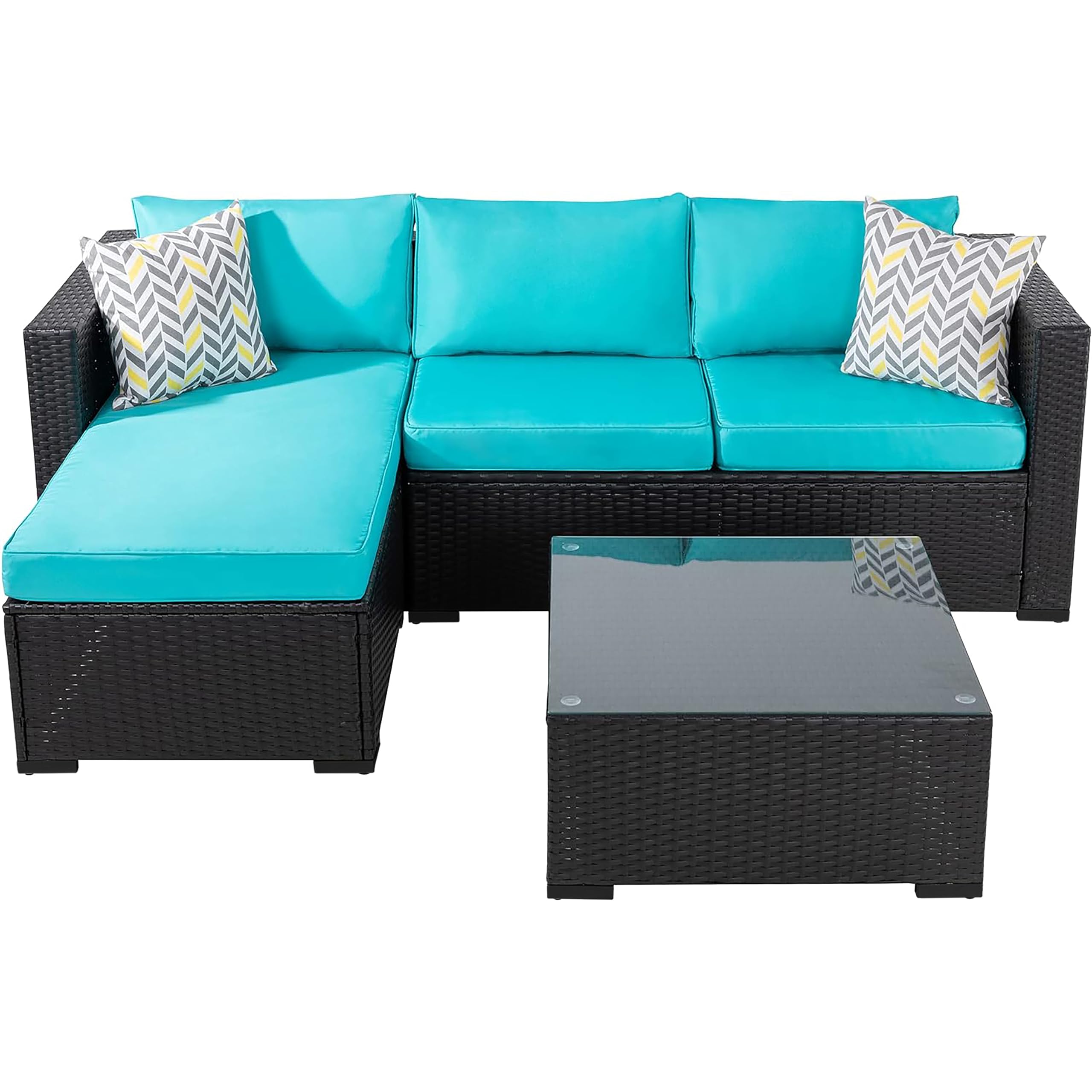 Shintenchi 3-Piece Outdoor Wicker Patio Sofa Set - All-Weather Rattan Sectional with Chaise Lounge, Glass Coffee Table & Washable Blue Cushions - Perfect for Backyard, Garden, Poolside or Balcony Relaxation