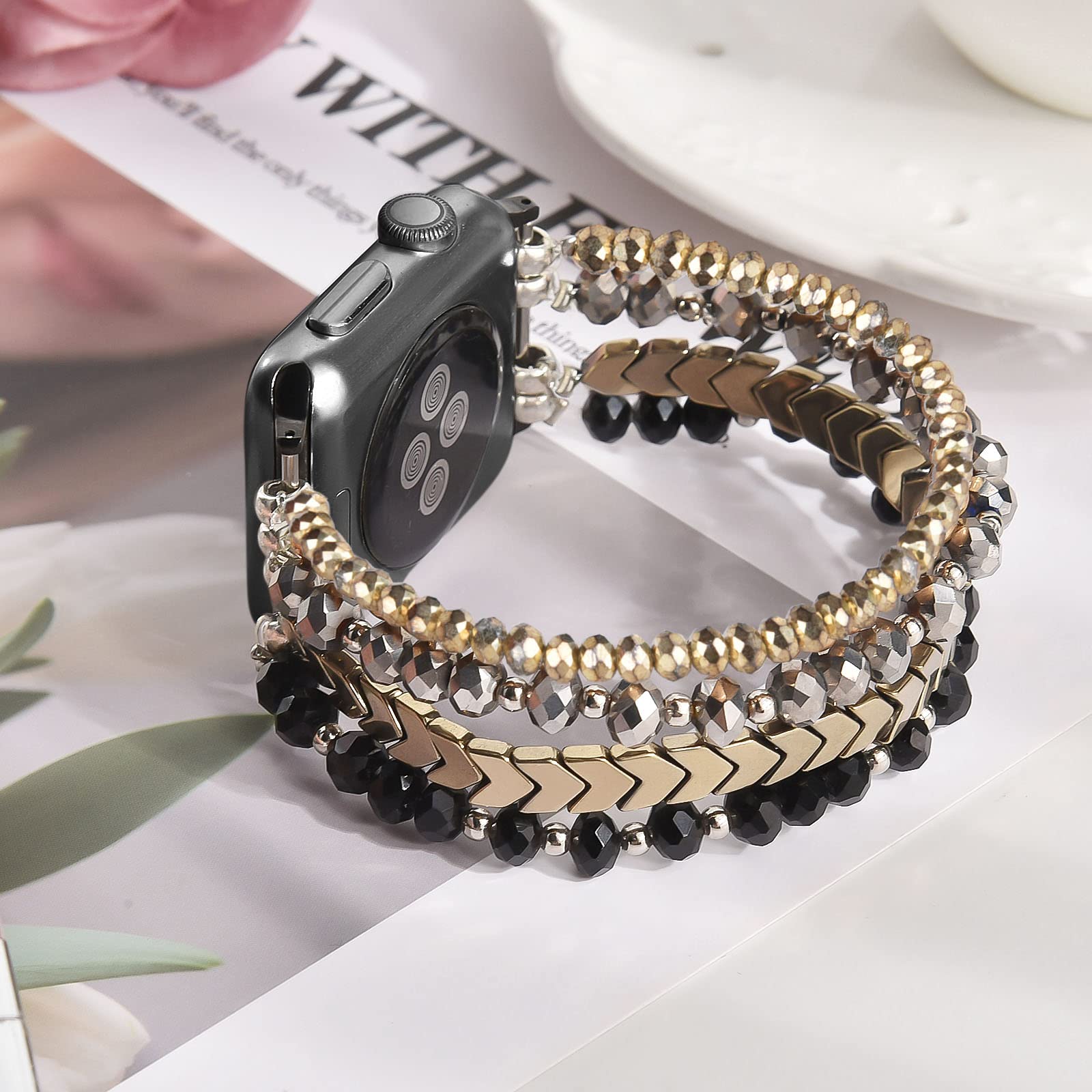 MOFREE Arrow & Black Beaded Stretch Bracelet Compatible with Apple Watch 40mm/38mm/41mm (Series 7/SE/6/5/4/3/2/1) - Handmade Elastic Women's Fashion Strap for iWatch - Perfect for Workouts, Office & Casual Wear