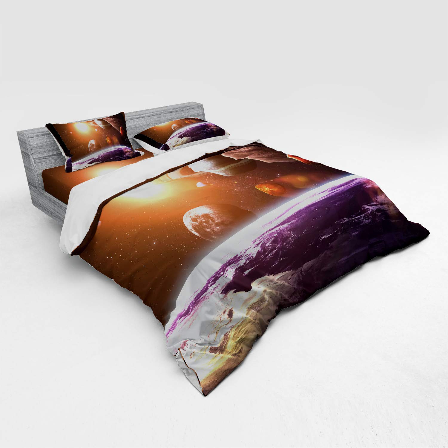 Ambesonne Galaxy Duvet Cover Set - King Size 4-Piece Space Themed Bedding with Sun & Moon Design, Fitted Sheet & Shams - Perfect for Astronomy Lovers & Science Room Decor in Vibrant Magenta Orange