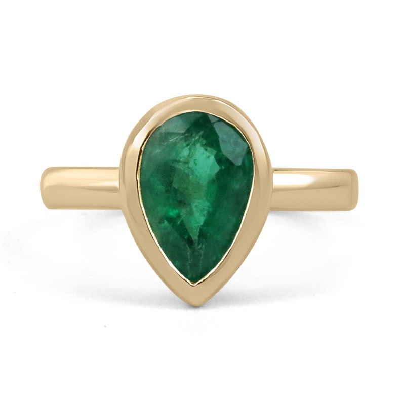 2.40ct 14K Dark Forest Green Pear Teardrop Emerald Bezel Solitaire Engagement Ring for Women - Elegant Wedding Proposal, Anniversary Gift, Bridal Jewelry