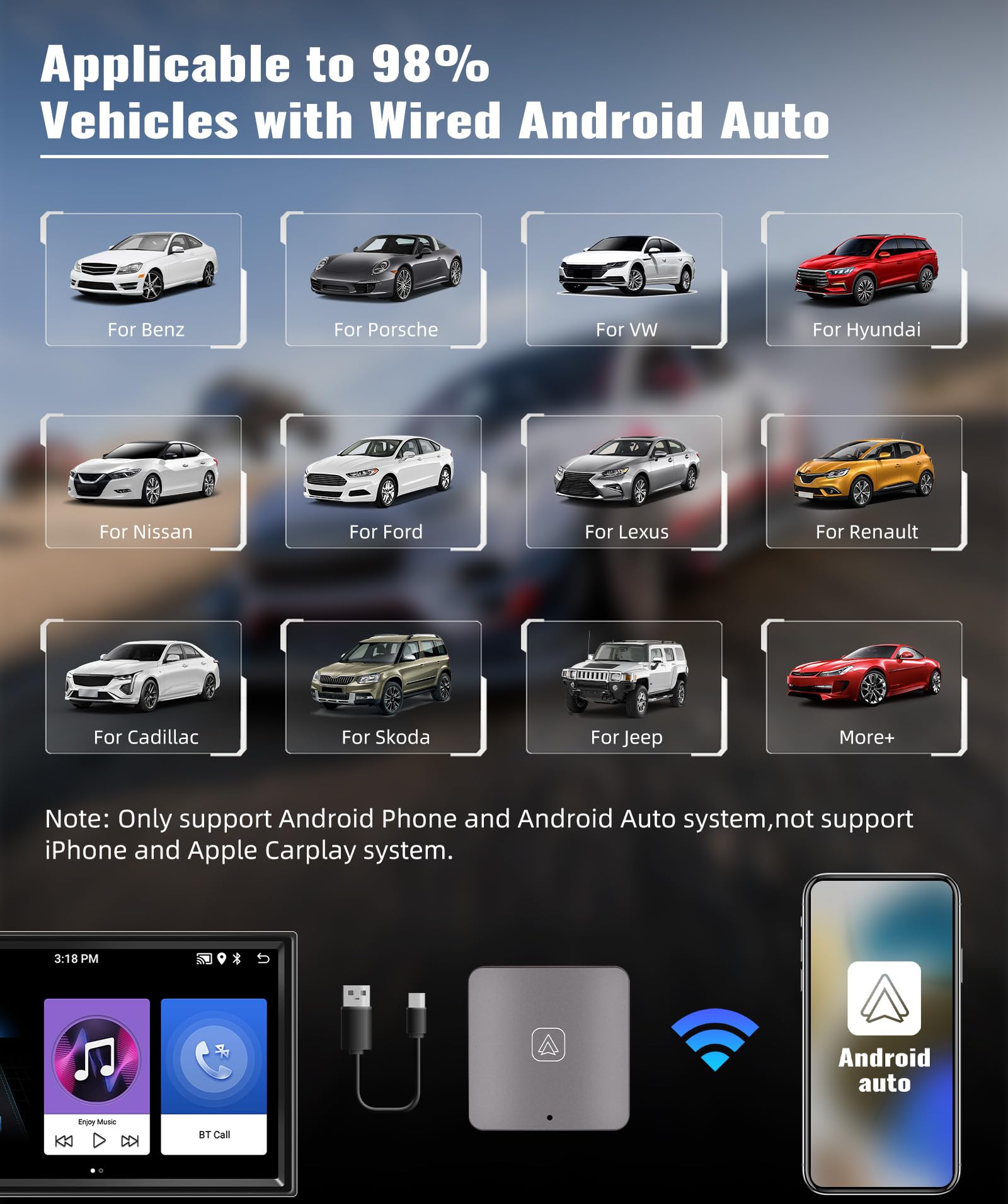 Wireless Android Auto Car Adapter - Plug & Play for OEM Factory Radios | Fast & Stable Connection | Perfect for Commuting, Road Trips & Hands-Free Driving