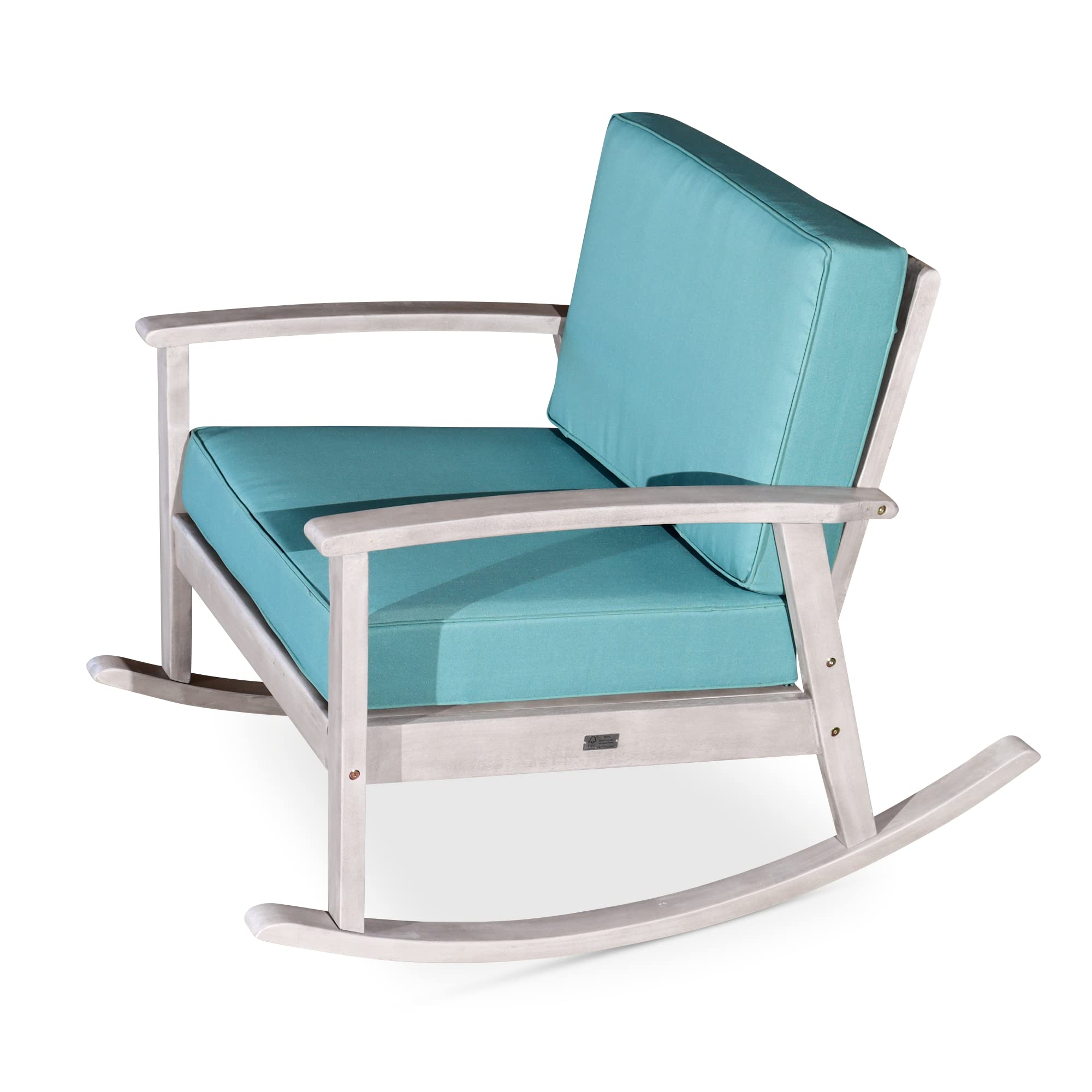 DTY Outdoor Living Longs Peak Deep Seat Eucalyptus Rocker - Silver Gray Finish with Sage Green Cushions | Patio Rocking Chair for Porch, Garden & Backyard Relaxation