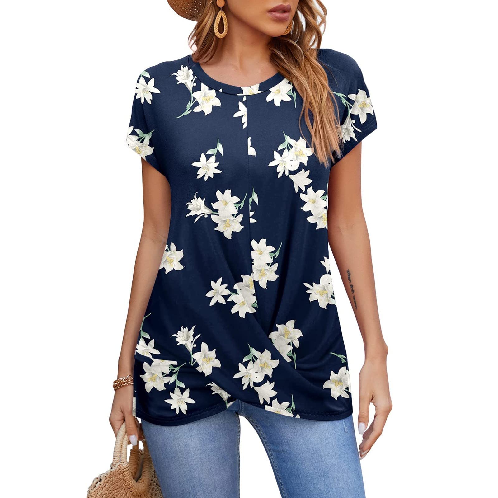 Women's Short Sleeve T-Shirts - Summer Casual Loose Tunic Tops with Front Twist Detail | Basic Work Tee & Trendy Blouse for Ladies | Perfect for Office, Weekend Outings & Summer Travel