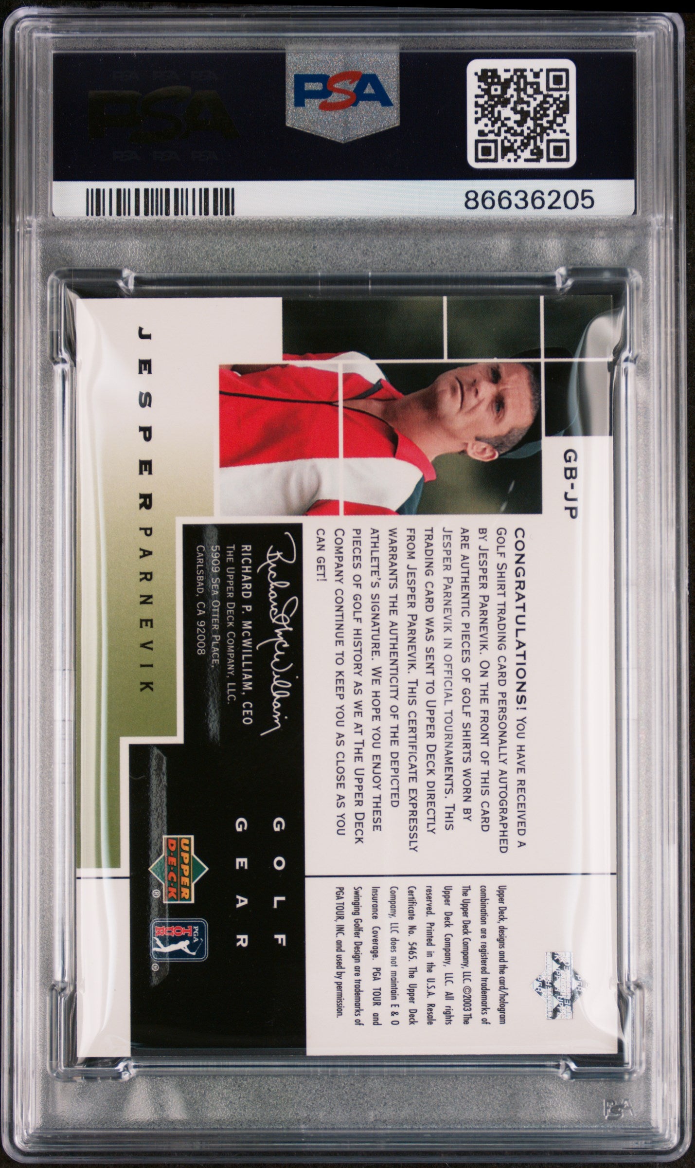 2003 Upper Deck Golf Gear Birdie Autographs Jesper Parnevik Auto #GB JP PSA 9 - Rare Golf Collectible for Fans & Memorabilia Enthusiasts