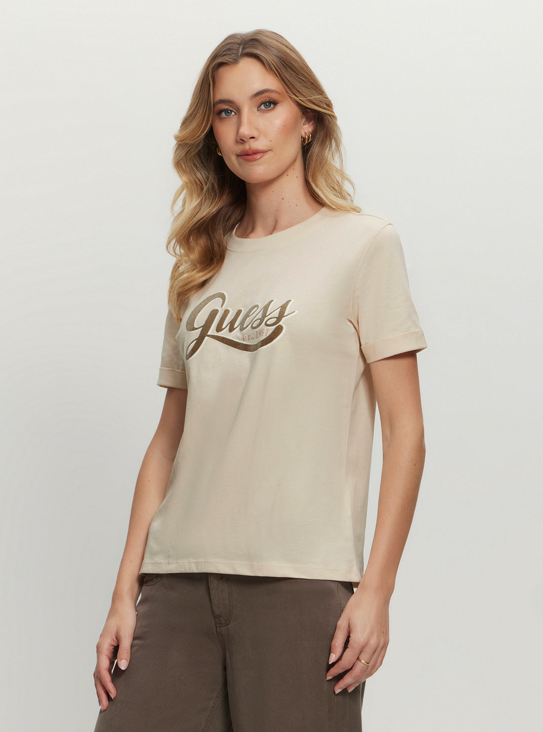 Eco-Friendly Beige Glitter Logo T-Shirt for Women - Soft Cotton Casual Tee for Everyday Wear, Parties & Outings