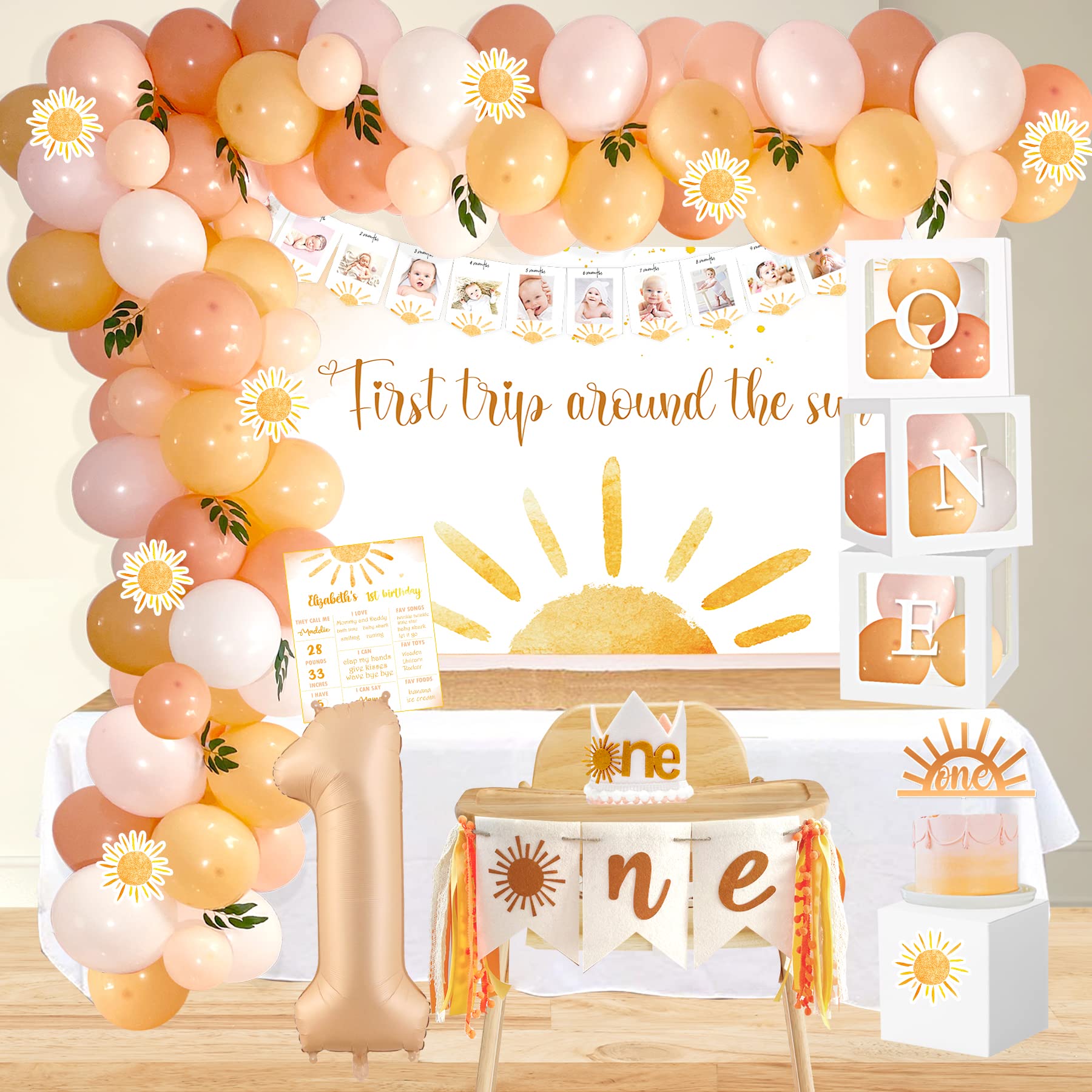 Boho Sun 1st Birthday Party Decorations Kit - First Trip Around The Sun Balloon Backdrop, Cake Topper & Party Supplies for Girls | Perfect for Baby's First Birthday, Photoshoot Background & Celebration Decor