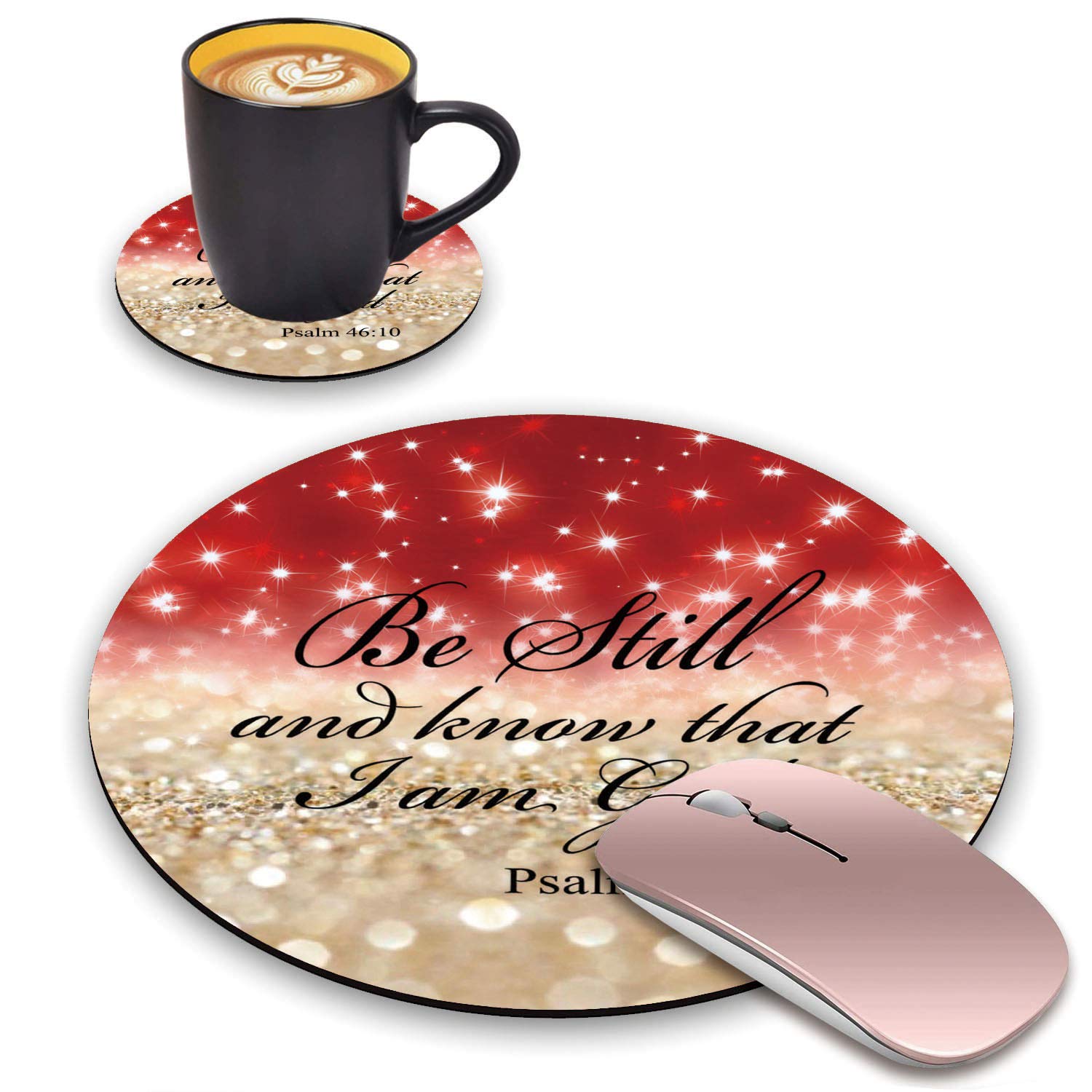 Red Glitter Bible Verse Mouse Pad with Coasters Set - Psalm 46:10 'Be Still and Know That I am God' - Non-Slip Rubber Base for Laptop & Computer - Perfect for Office, Home & Church Use